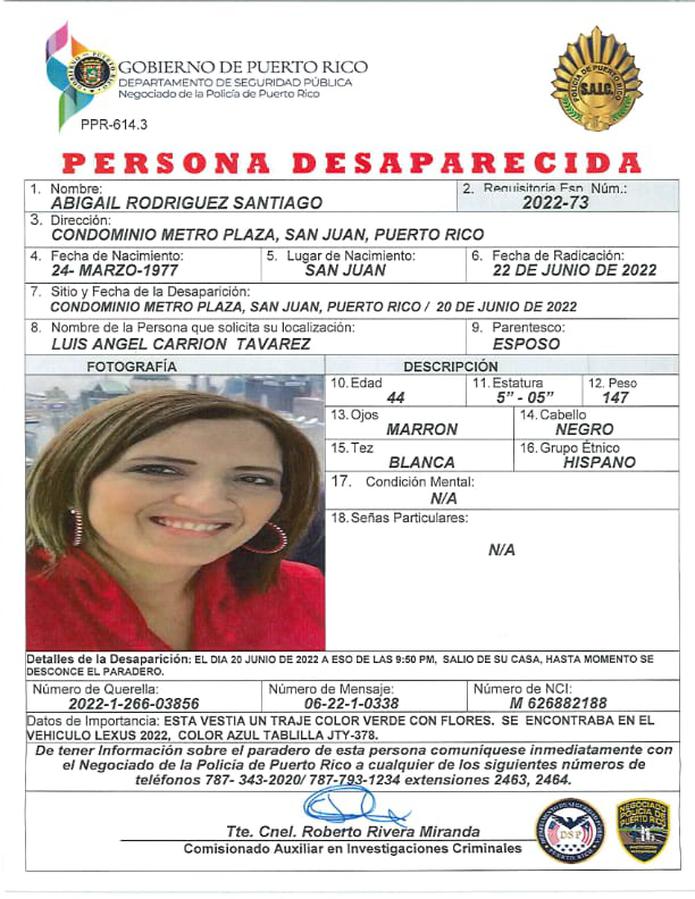 Abigail Rodríguez Santiago de 45 años se encuentra desaparecida desde la noche del 20 de junio, cuando salió de su apartamento ubicado en el condominio Metro Plaza, en Santurce y no ha regresado.