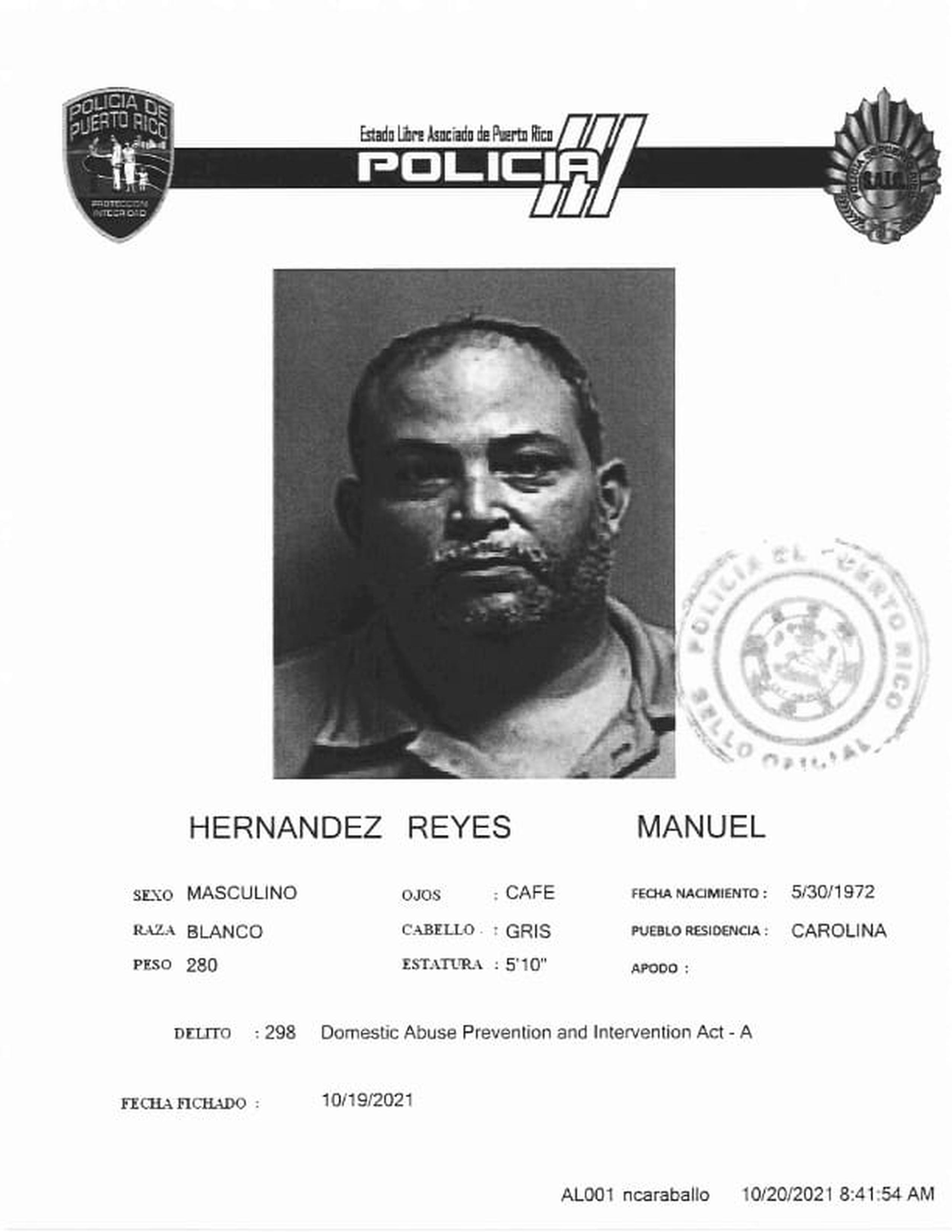 Manuel Hernández Reyes fue encarcelado al no prestar una fianza de $20,000.00, tras ser acusado por violencia doméstica contra su expareja.