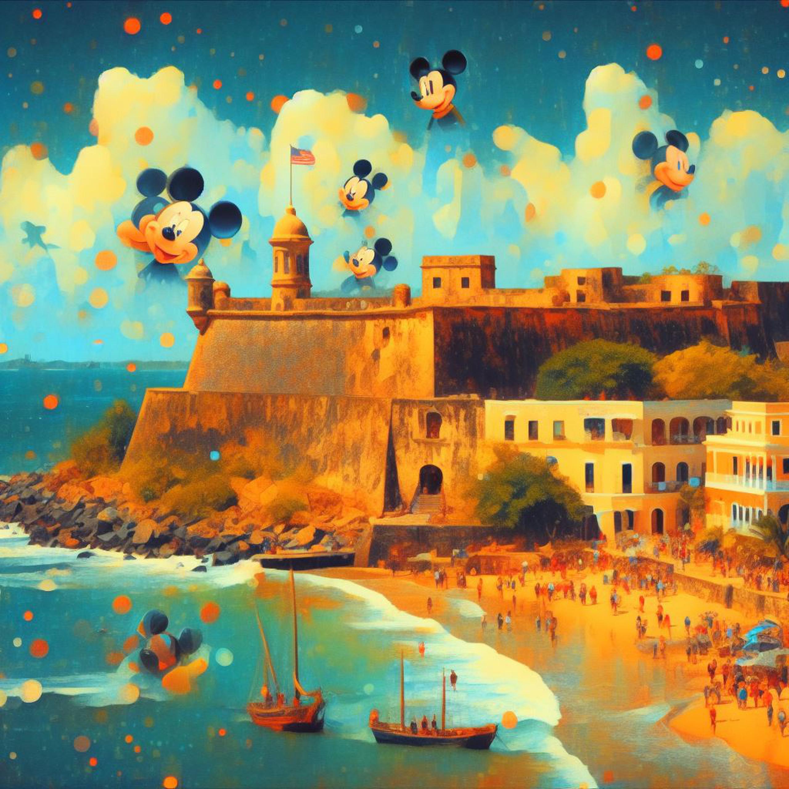 Esta imagen fue producida con el siguiente texto: "Genera una imagen al estilo Pixar de El Morro en Puerto Rico con Mickey Mouse".