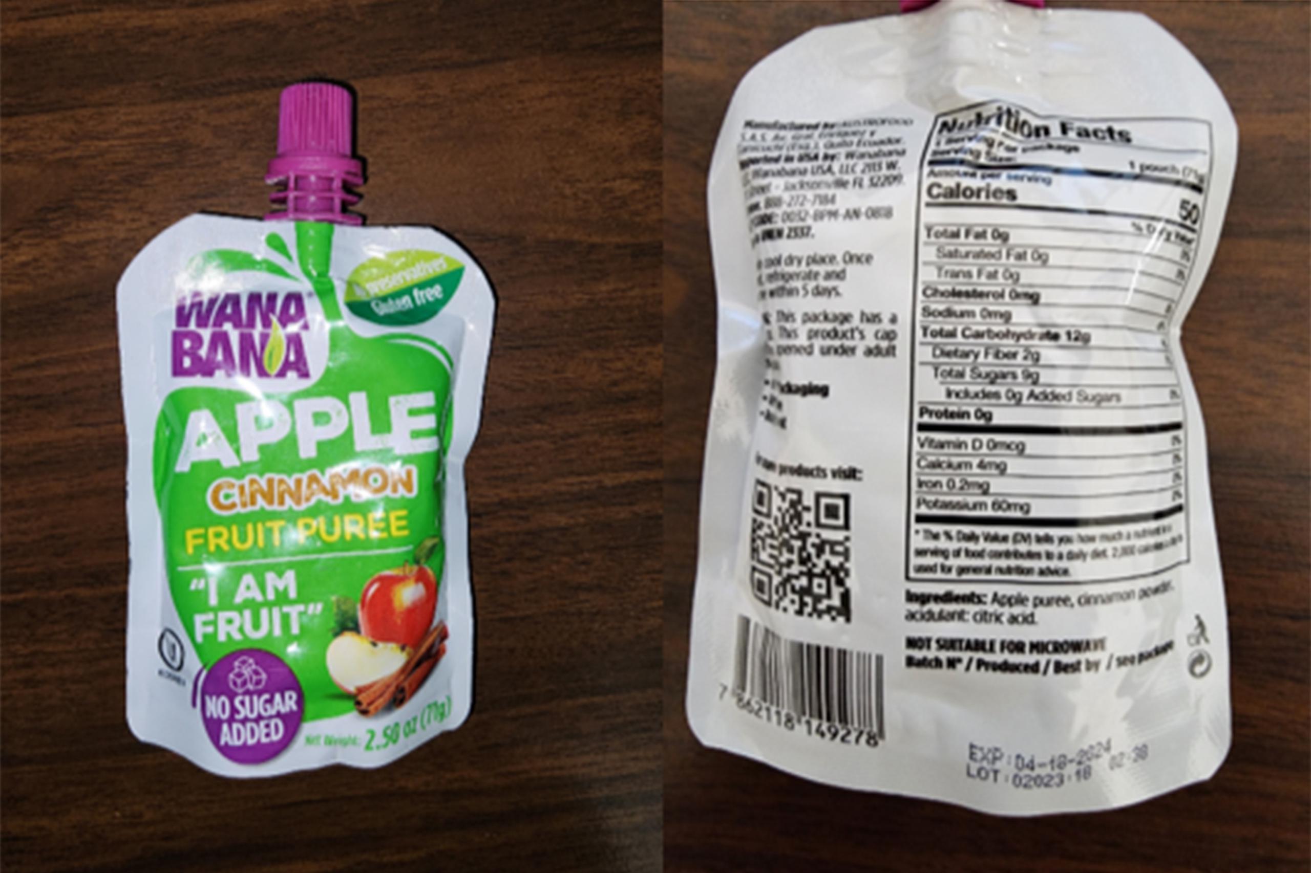 En esta imagen difundida por la Administración de Alimentos y Medicamentos de Estados Unidos el 28 de octubre de 2023 se muestra un paquete de puré de frutas WanaBana de manzana y canela.  (FDA via aP)