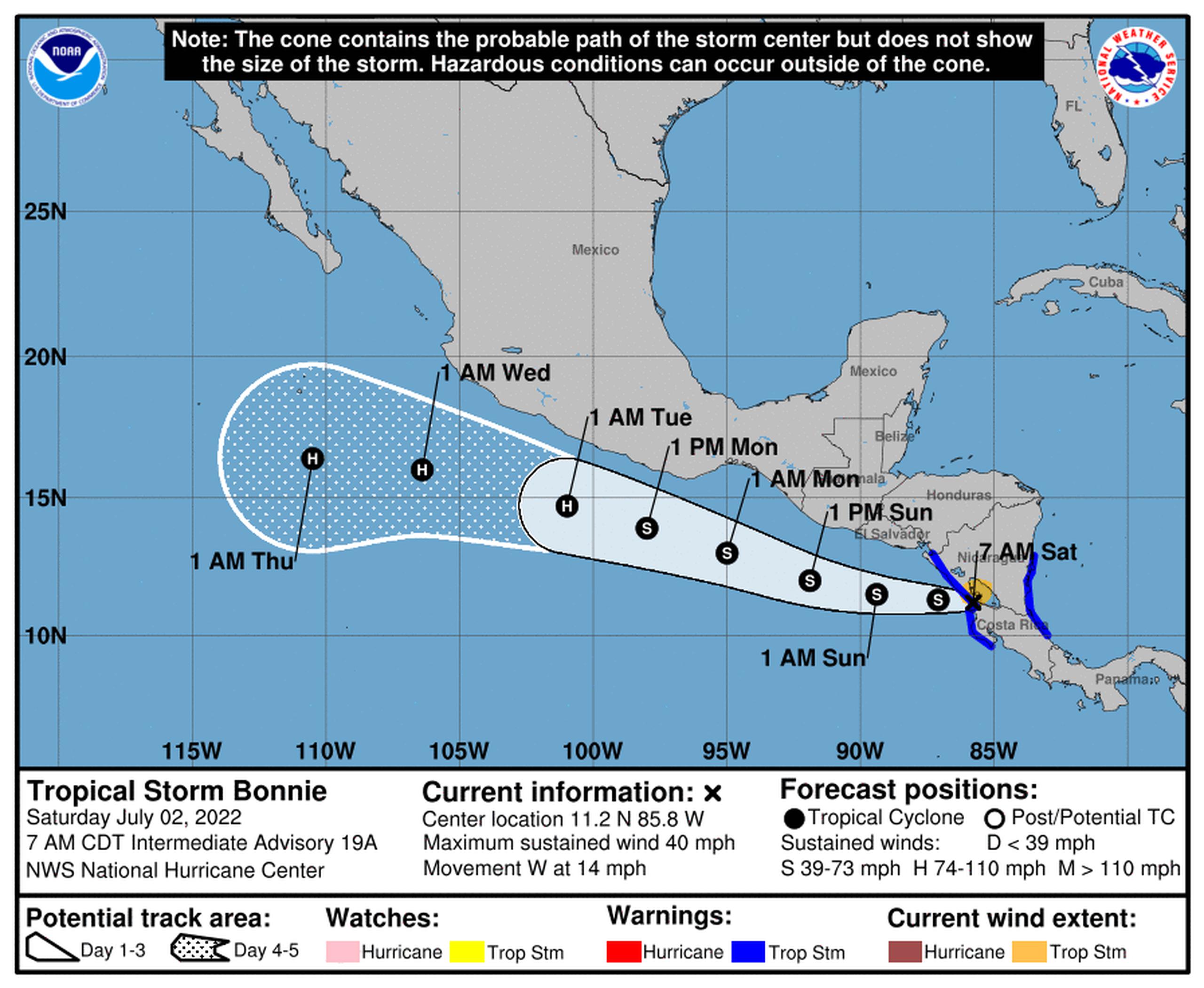 El Centro Nacional de Huracanes (NHC por sus siglas en inglés) en Miami advirtió que Bonnie podría causar fuertes lluvias durante los próximos días en algunas regiones de Guatemala y el suroeste de México.