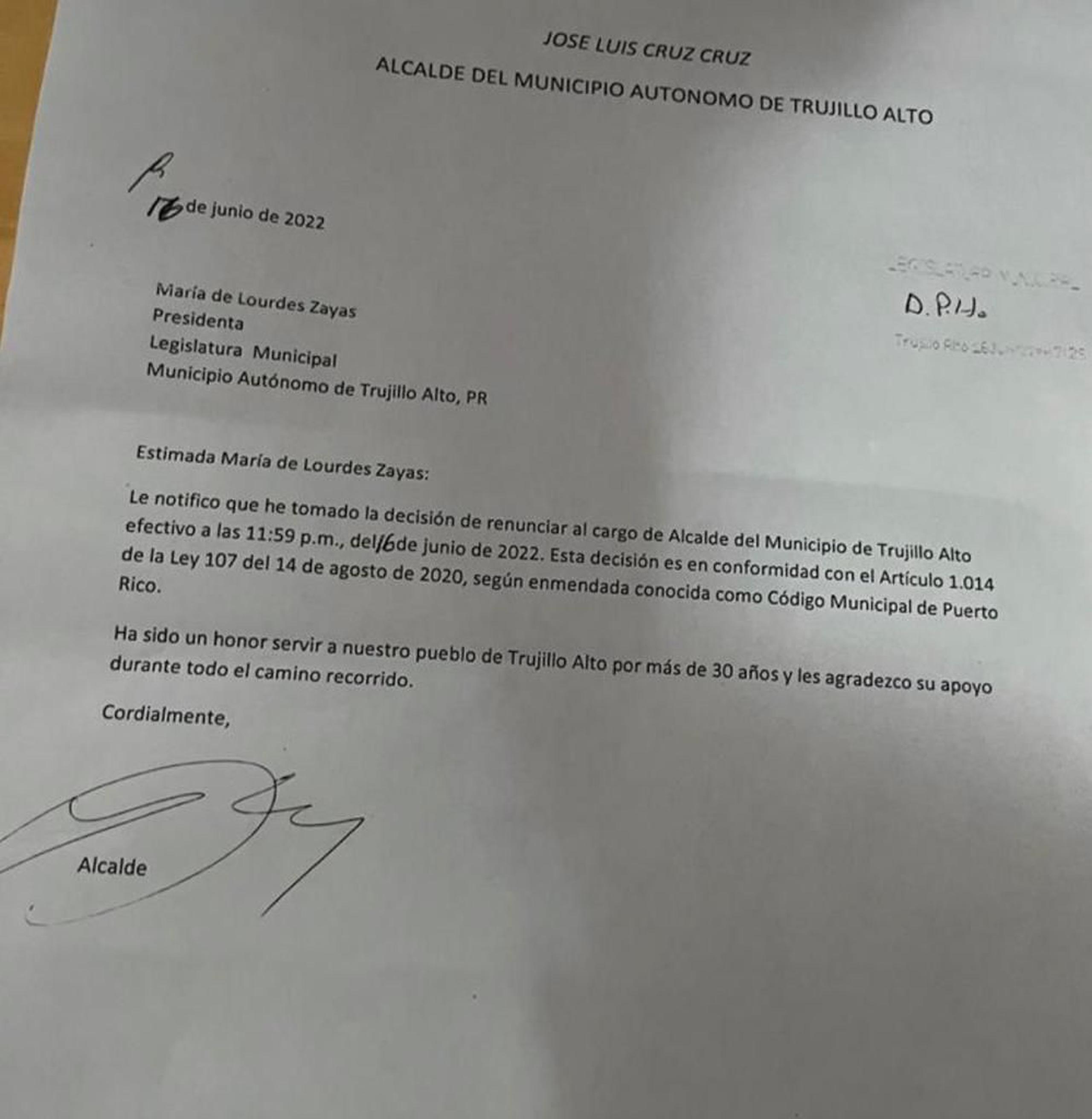 Carta que el alcalde de Trujillo Alto, José Luis Cruz Cruz, envió a la presidenta de la legislatura municipal, Lourdes Zayas Alemán, para informar su renuncia.