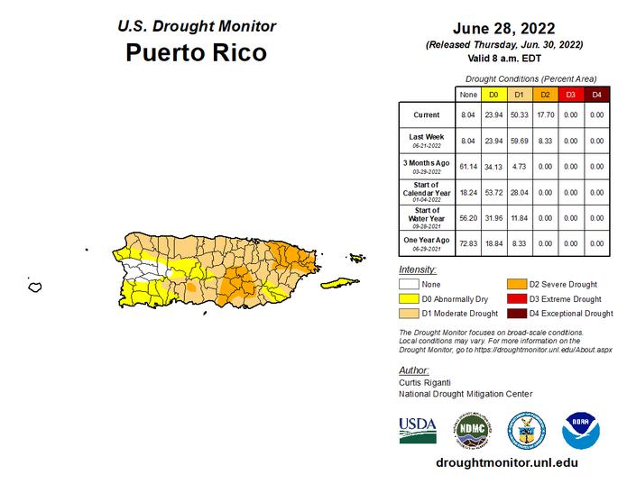 Mapa de la sequía en Puerto Rico publicado el 30 de junio de 2022 con datos del 28 de junio de 2022.