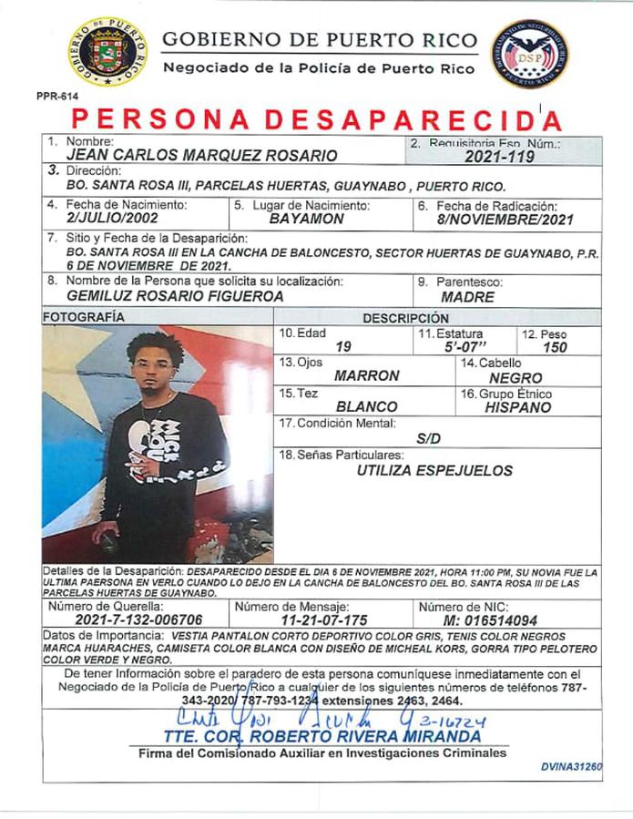 Las autoridades lo buscan para entrevistarlo con relación a la desaparición de una joven en el barrio Santa Rosa II, en Guaynabo. Su vehículo apareció quemado en la carretera PR-833.