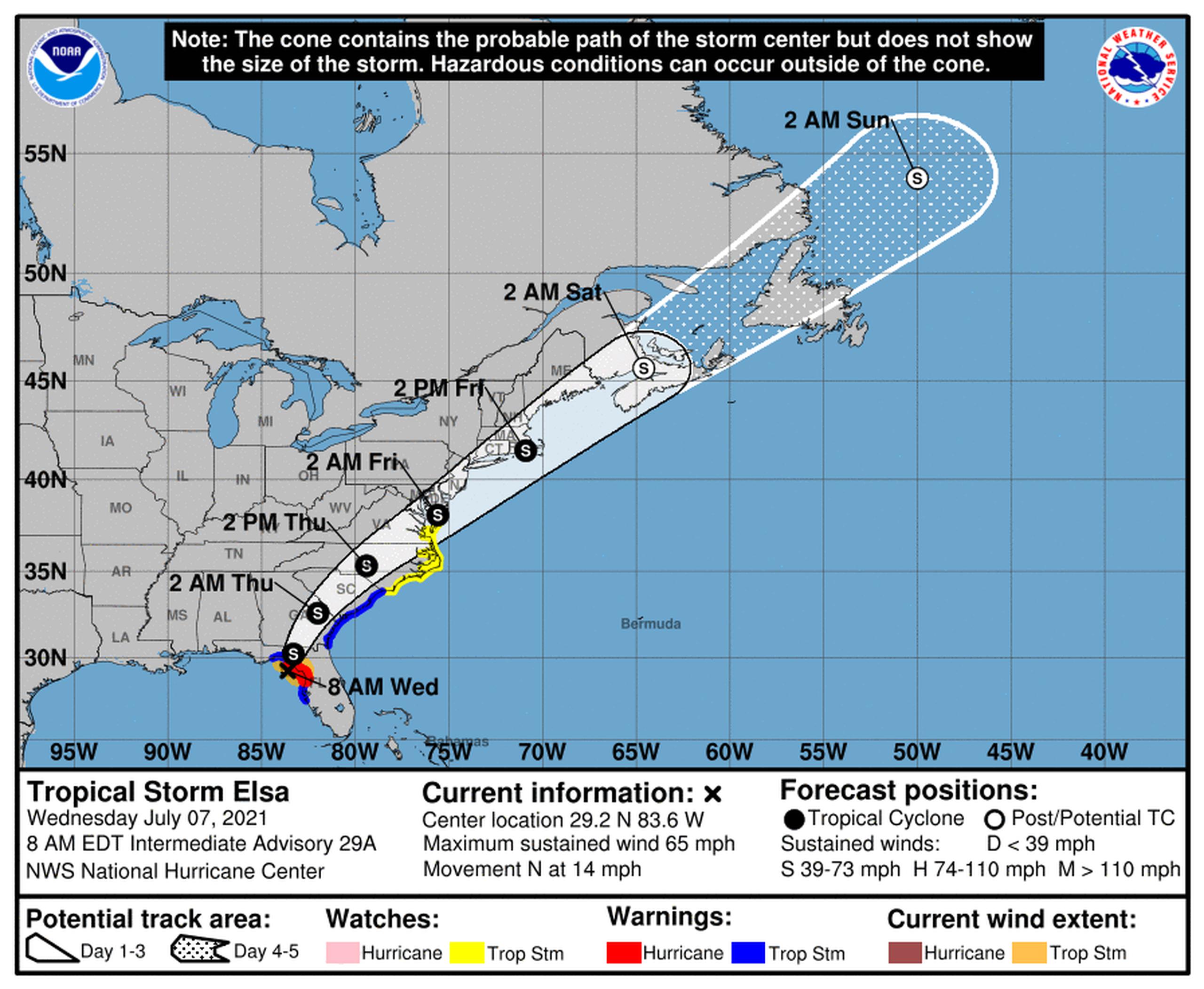 Pronóstico de la tormenta tropical Elsa emitido a las 8:00 de la mañana por el Centro Nacional de Huracanes de los Estados Unidos el 7 de julio de 2021.