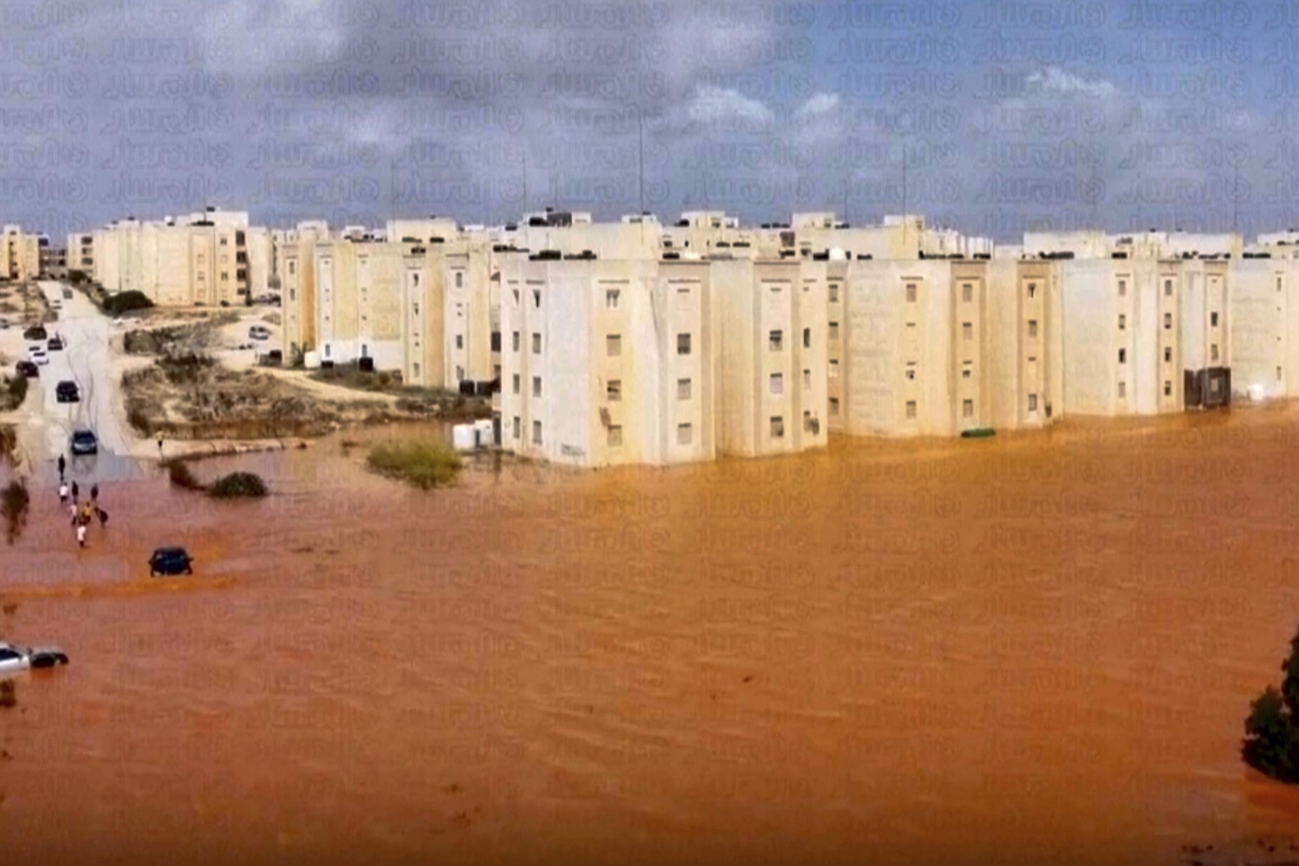 Streets a flooded after storm Daniel in Marj, Libya, Monday, Sept. 11, 2023. The head of one of Libya’s rival governments says that 2,000 people are feared dead in flooding that swept through the eastern parts of the north African nation. (Libya Almasar TV via AP)