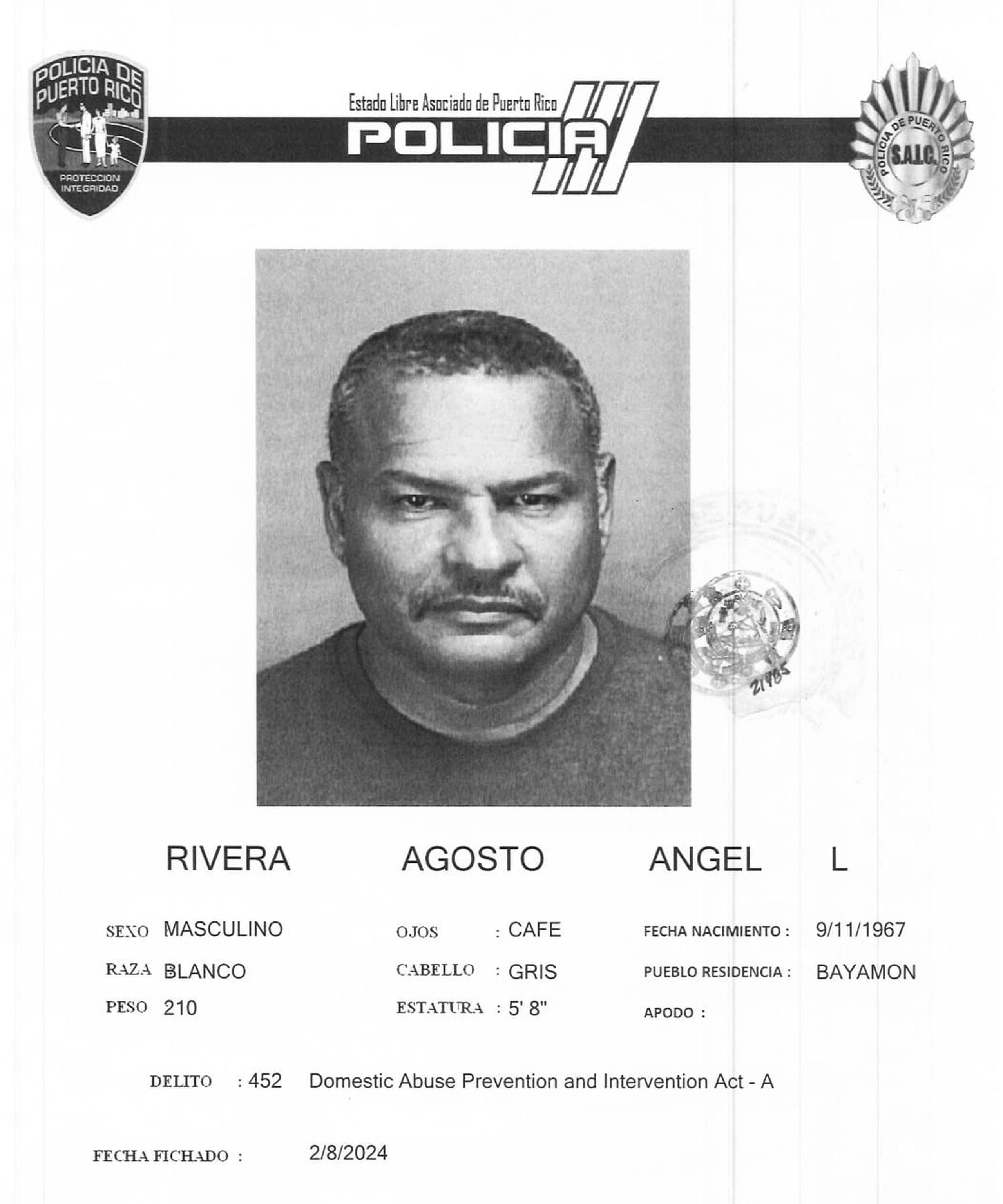 Ángel L. Rivera Agosto, fue acusado por maltrato y maltrato mediante amenaza de la Ley para la Prevención e Intervención con la Violencia Doméstica.