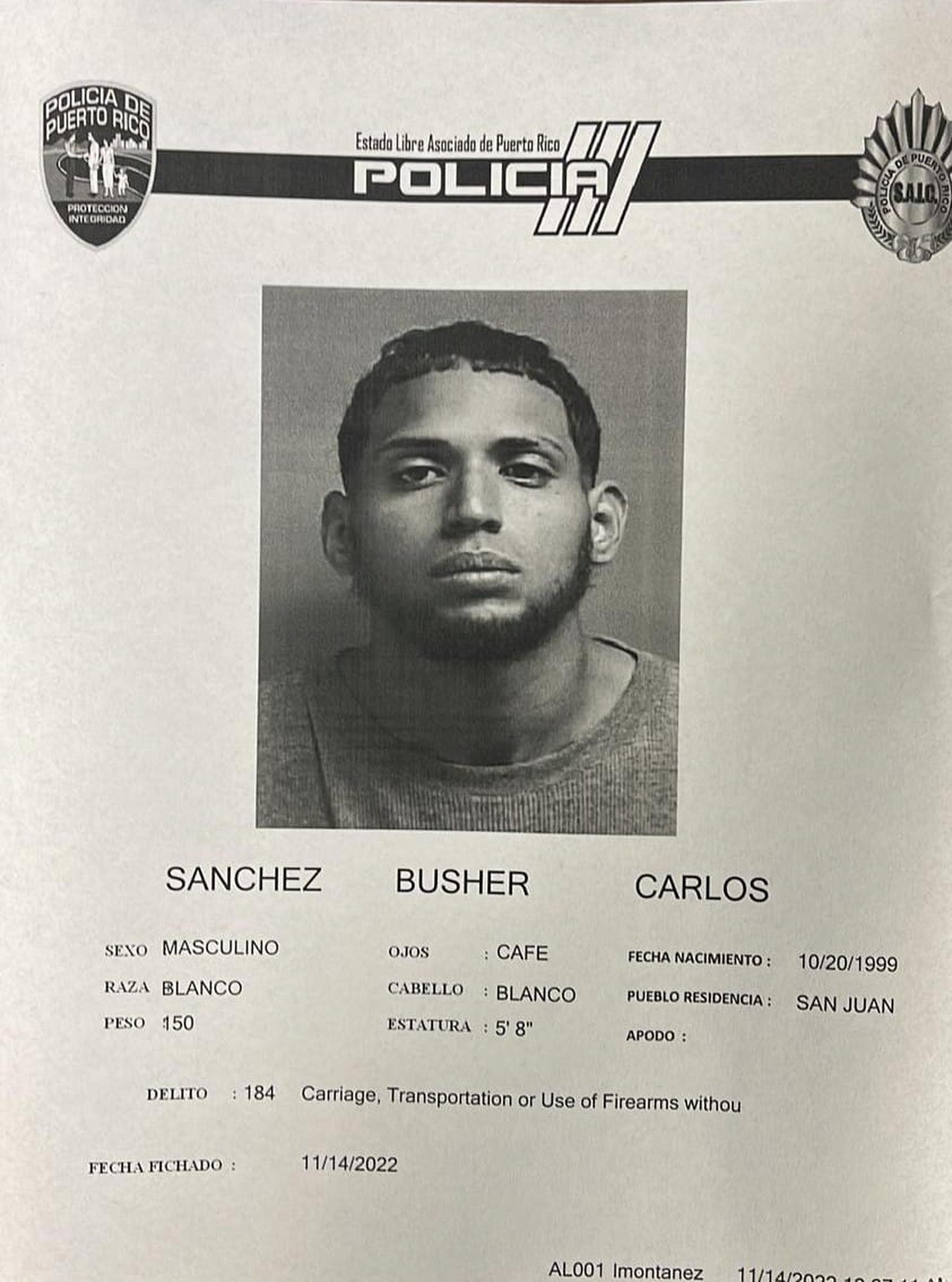 Carlos Sánchez Busher fue acusado junto a otro individuo por violación al artículo 6.05 de la Ley de Armas (Portación, Transportación o Uso de Armas de Fuego sin Licencia) y al artículo 190 del Código Penal (robo agravado).