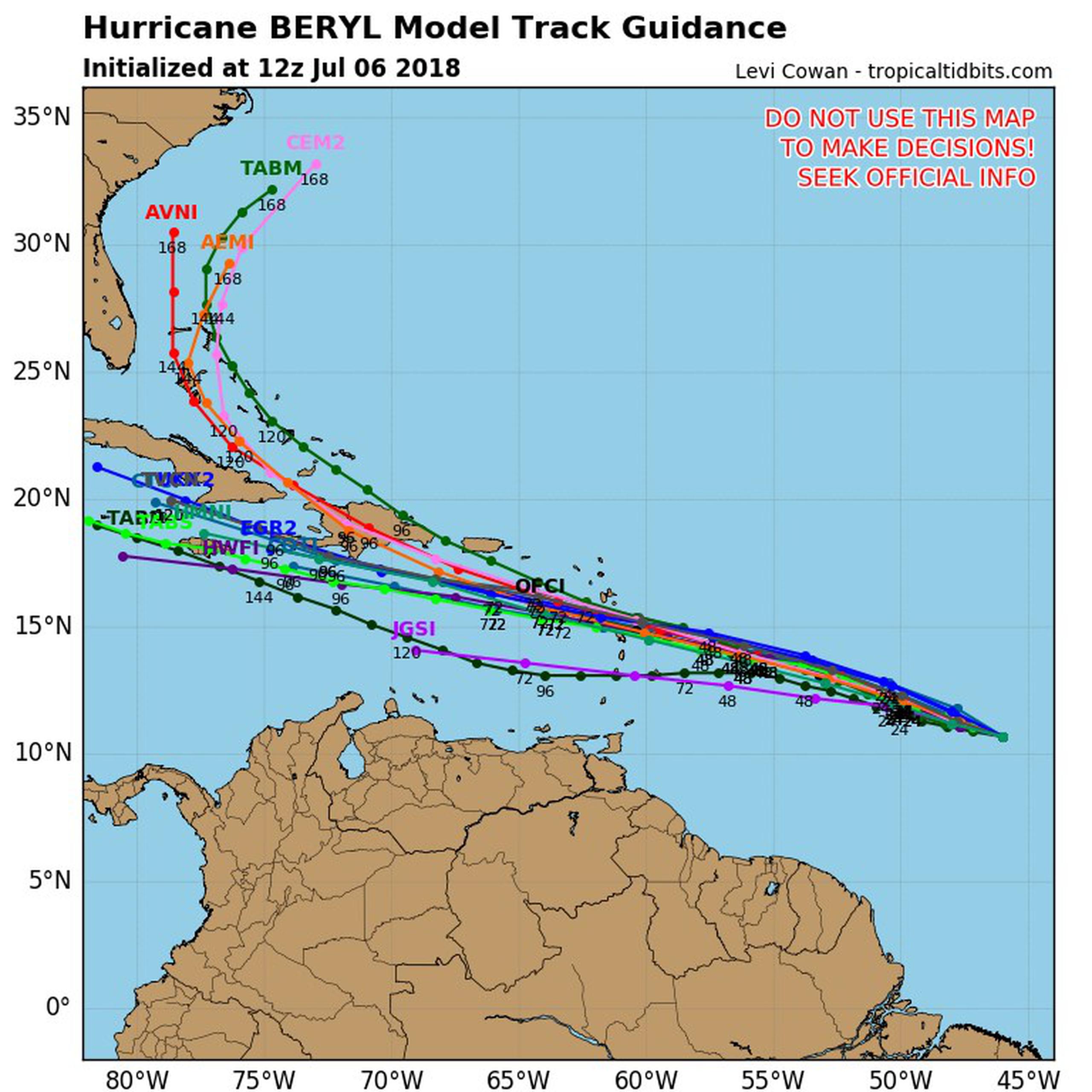 Posibles trayectorias de Beryl. (Tropical Tidbits)