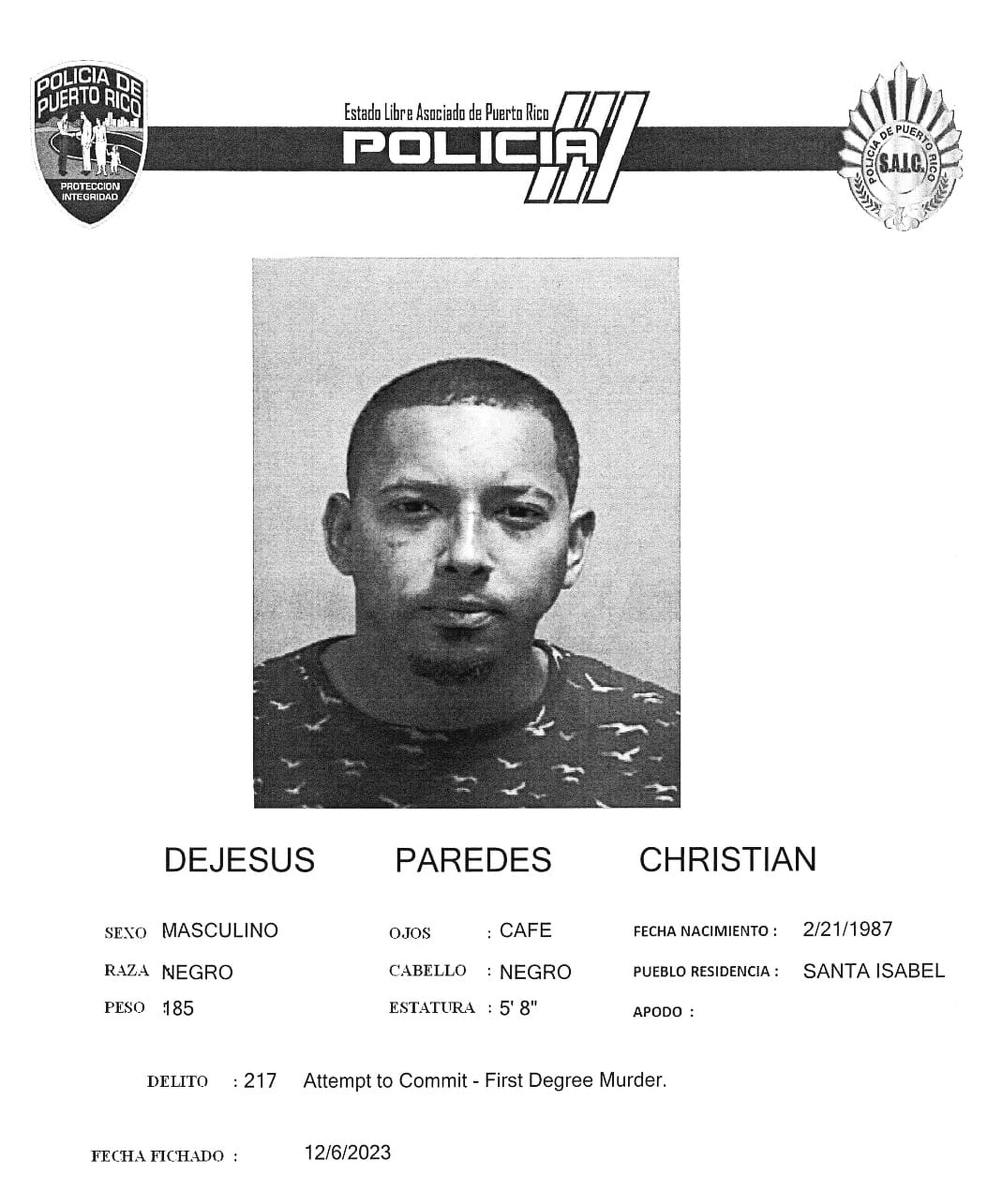 Christian De Jesús Paredes fue encarcelado en el Complejo Correccional Sgto. Pedro Joel Rodríguez Matos en Ponce, al no prestar la fianza de $1 millón 125 mil.