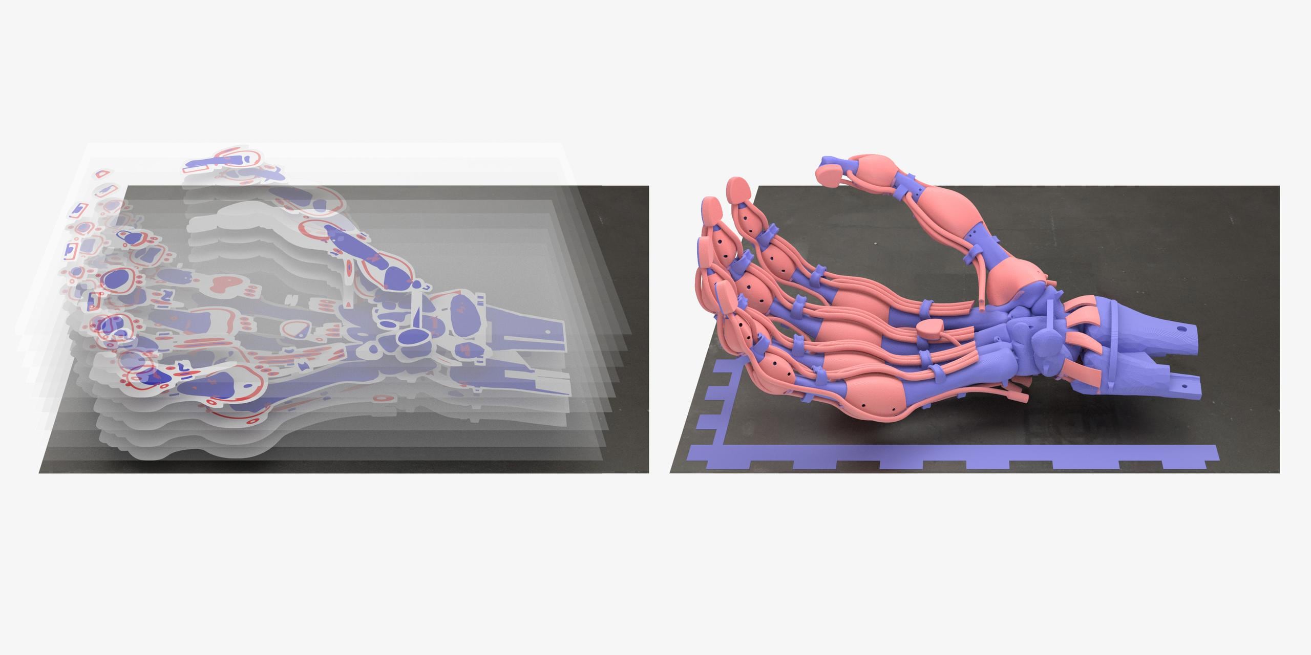 Fotografía facilitada por Inkbit 3D, de la pinza robótica impresa en 3D con forma de mano humana y controlada por 19 tendones del confundador de esta empresa y científico Javier Ramos. (EFE)