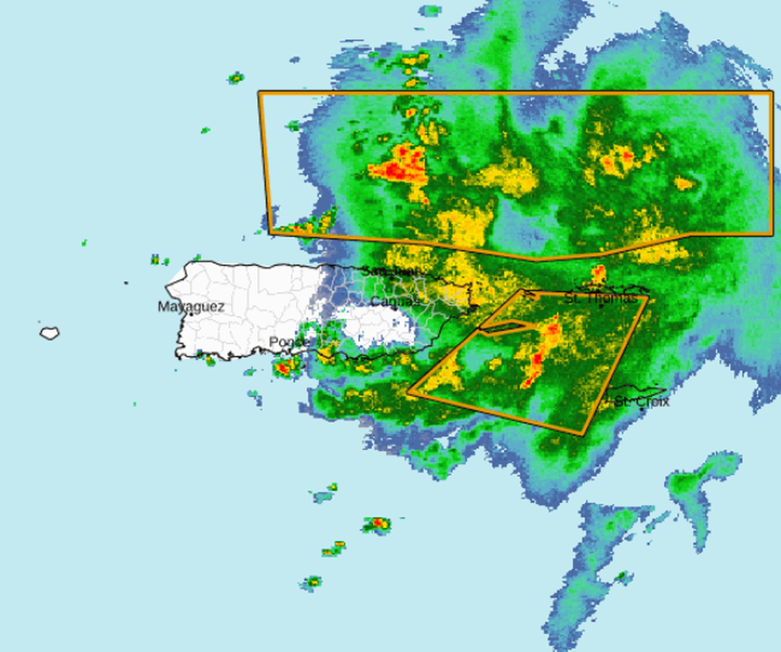 En esta imagen de radar se observa el mal tiempo asociado a la tormenta tropical Philippe, particularmente al este de Puerto Rico.