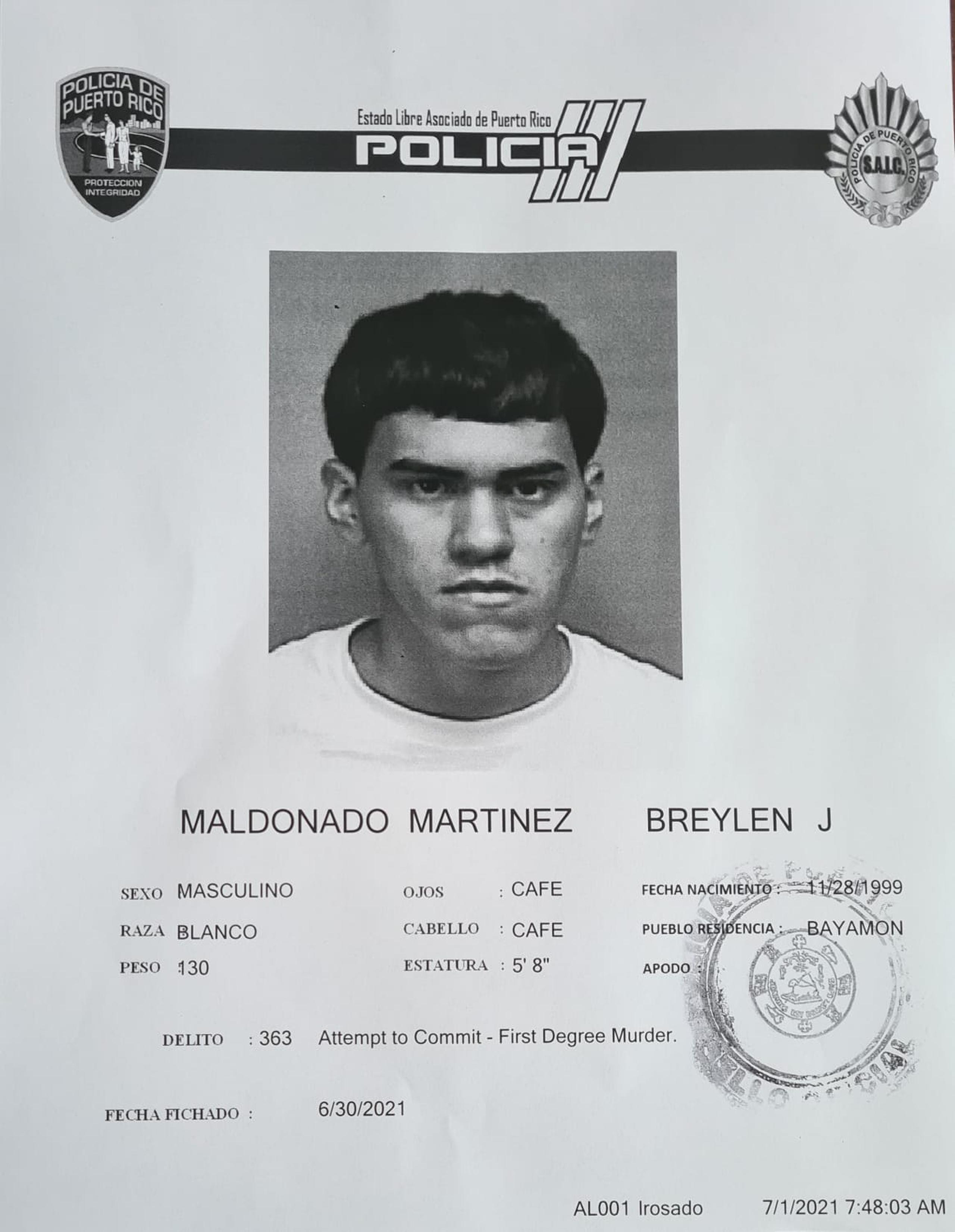 Breylen Maldonado Martínez de 21 años, fue encarcelado al no prestar la fianza de $1 millón 110 mil, por cargos de asesinato en primer grado, tentativa de asesinato y violación a la Ley de Armas.