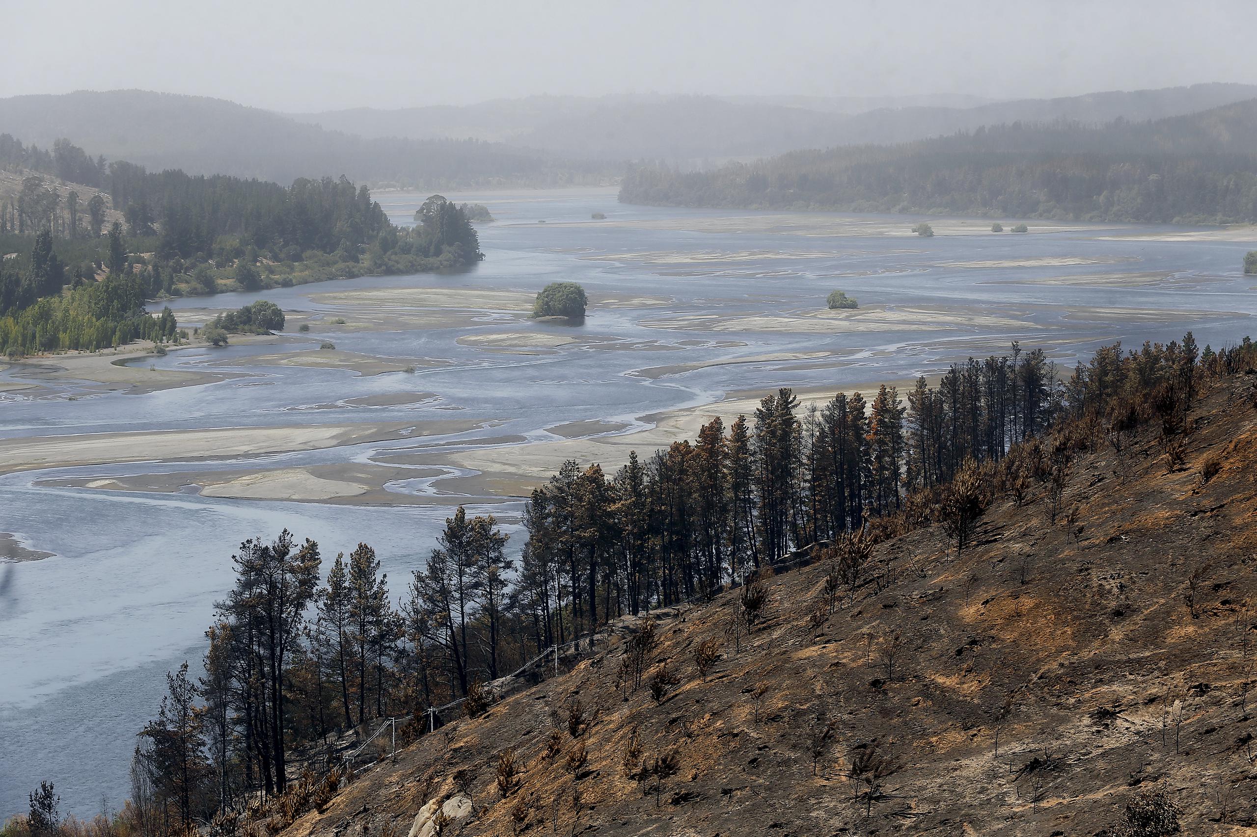 Fotografía de un terrenos consumidos por el fuego con el Río Bío Bío en el fondo hoy, en la comuna de Santa Juana, en Chile. (EFE/ Esteban Garay)
