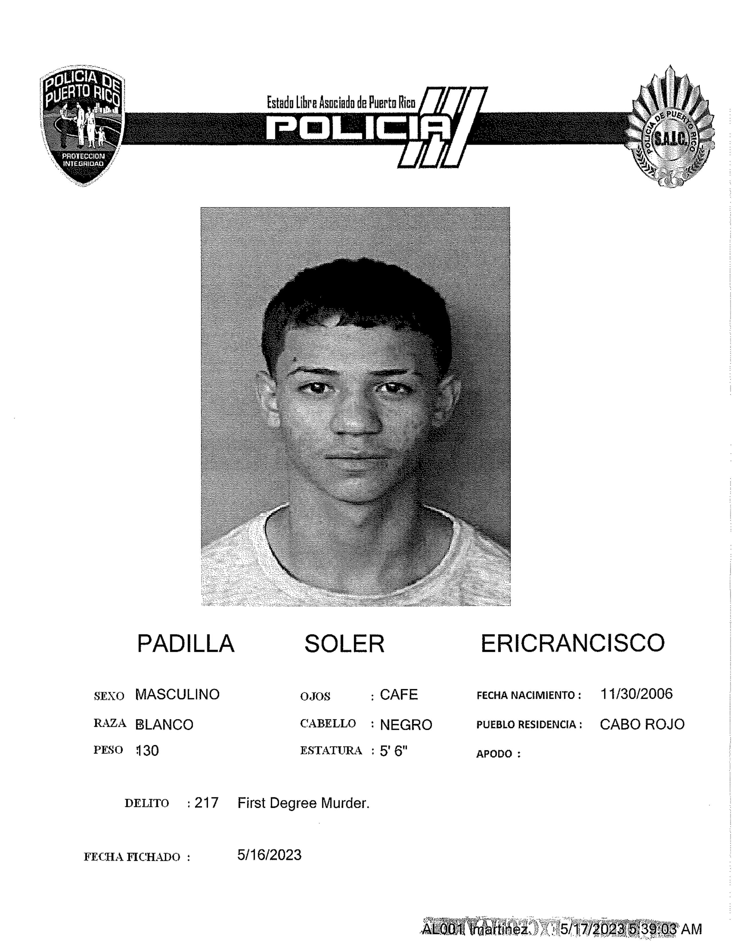 Ficha policial de Ericrancisco Padilla Soler, quien fue procesado como adulto por asesinato en primer grado.