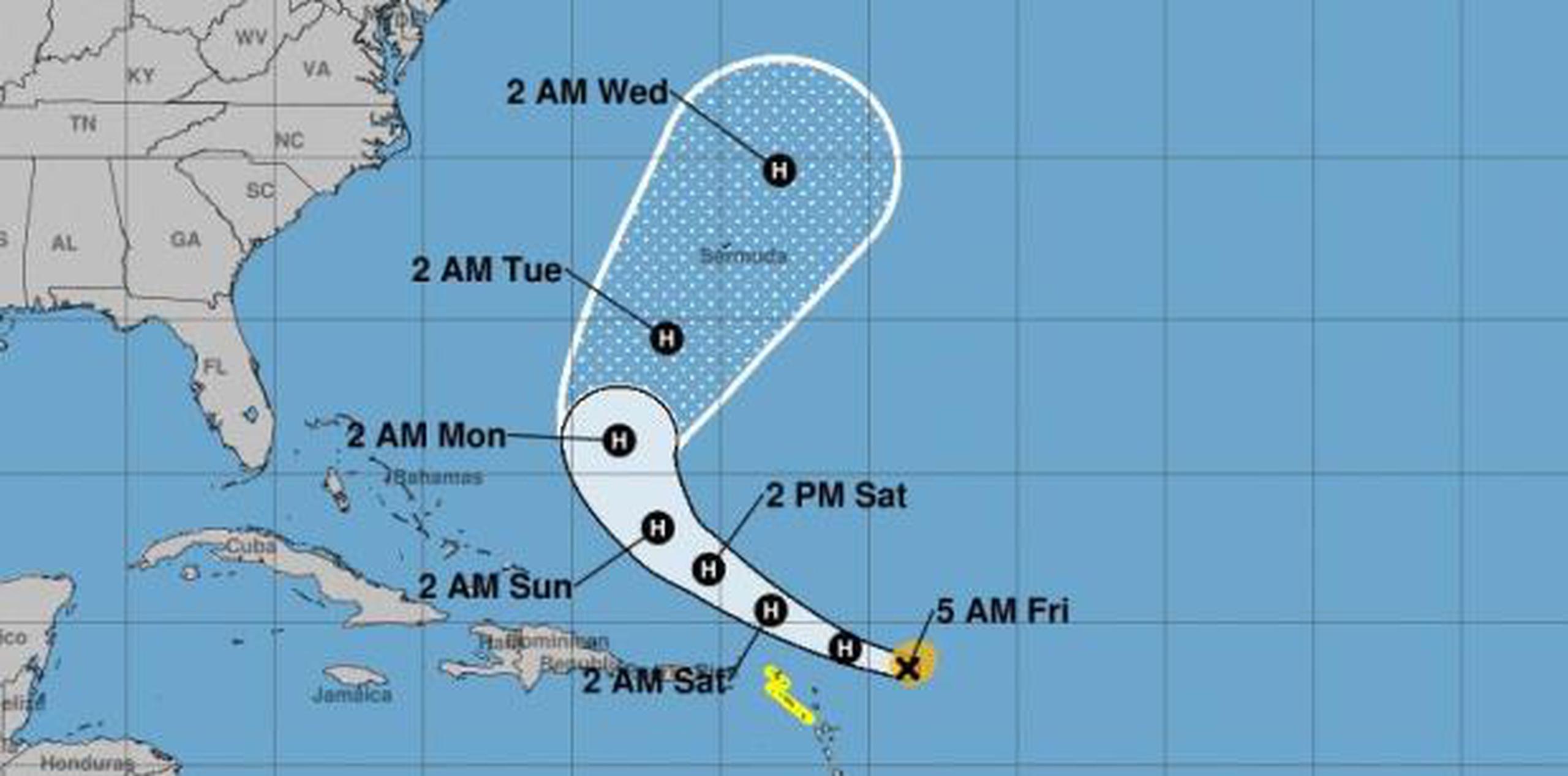 Proyección de la ruta del huracán Jerry. (Centro Nacional de Huracanes)
