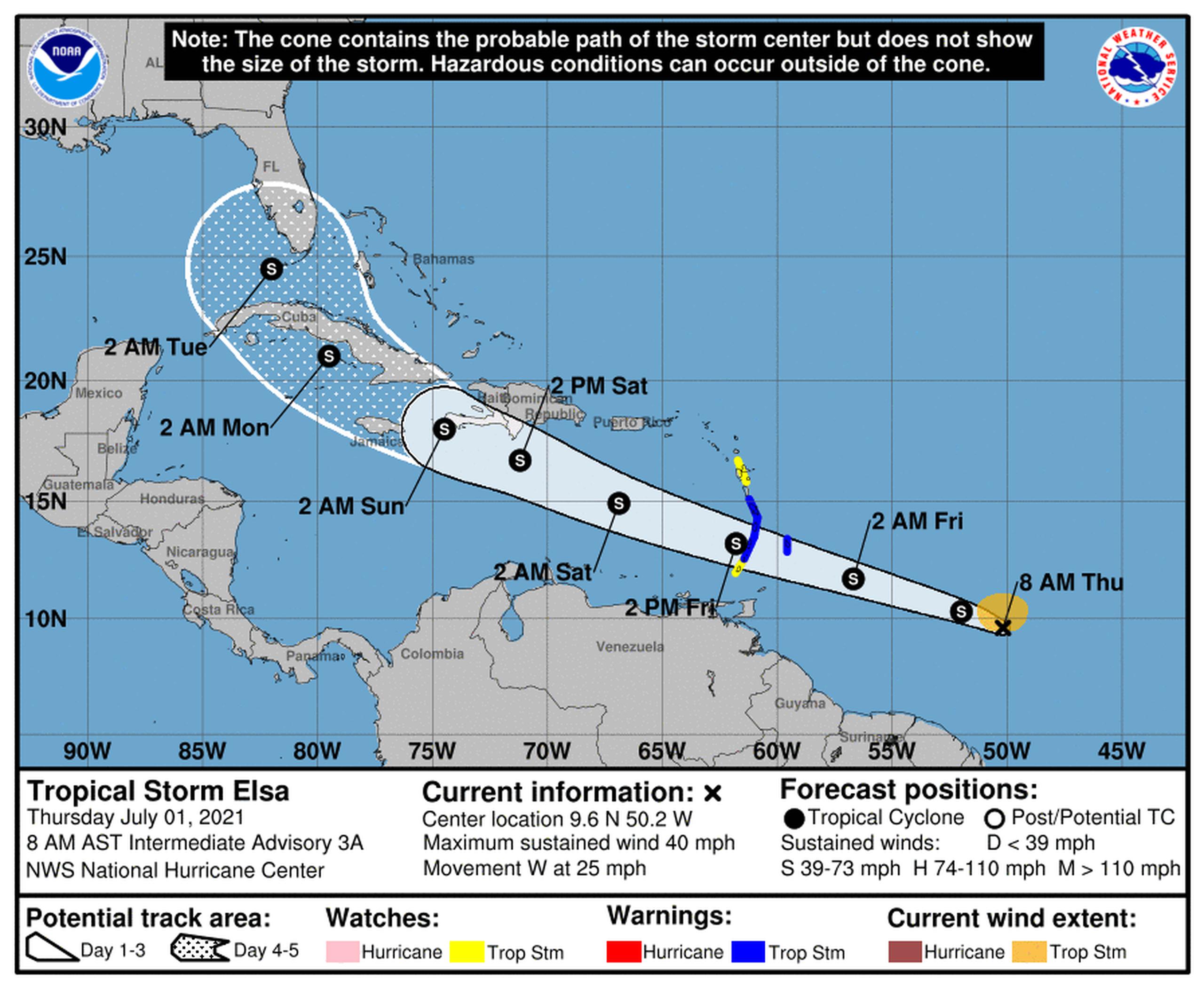 Pronóstico de la tormenta tropical Elsa emitido por el Centro Nacional de Huracanes a las 8:00 de la mañana el 1 de julio de 2021.