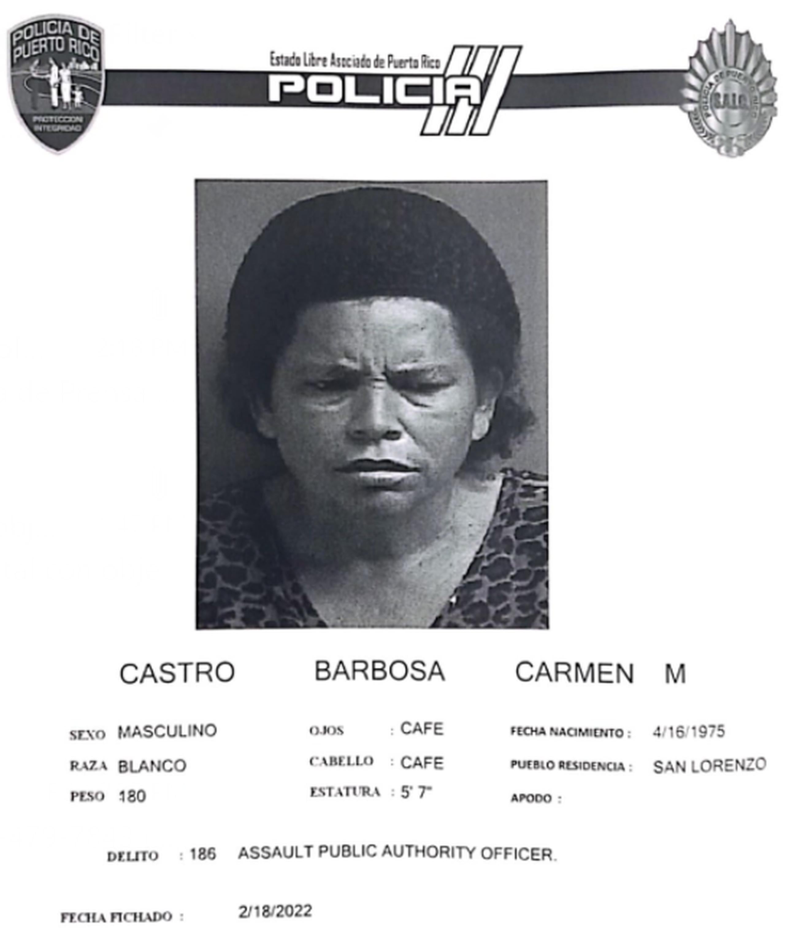 Ficha policiaca de Carmen M. Castro Barbosa, de 47 años.