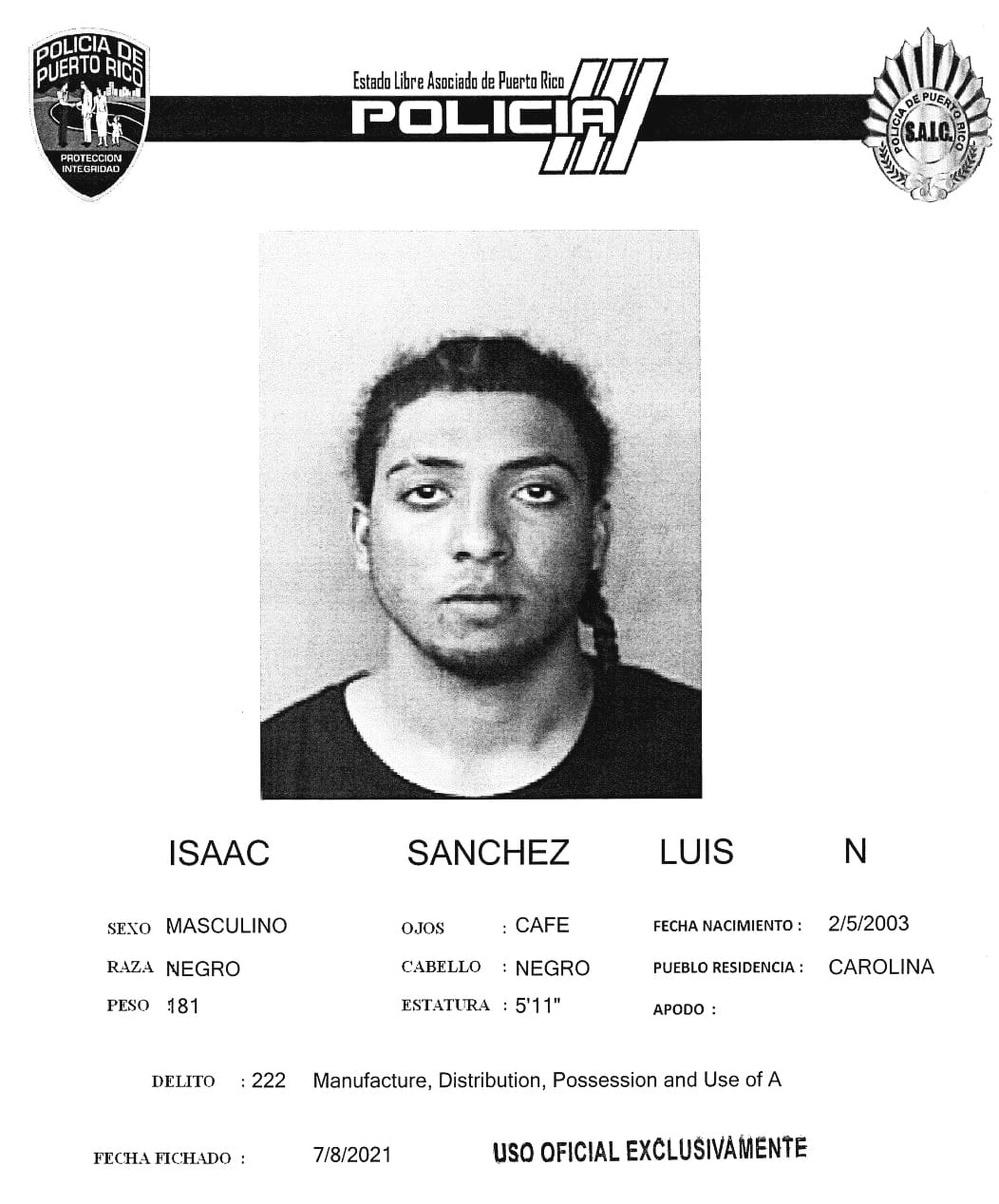 Ficha del 2021 de Luis N. Isaac Sánchez concocido como el cantante urbano C-Dobleta, arrestado por violación a la Ley de Armas.