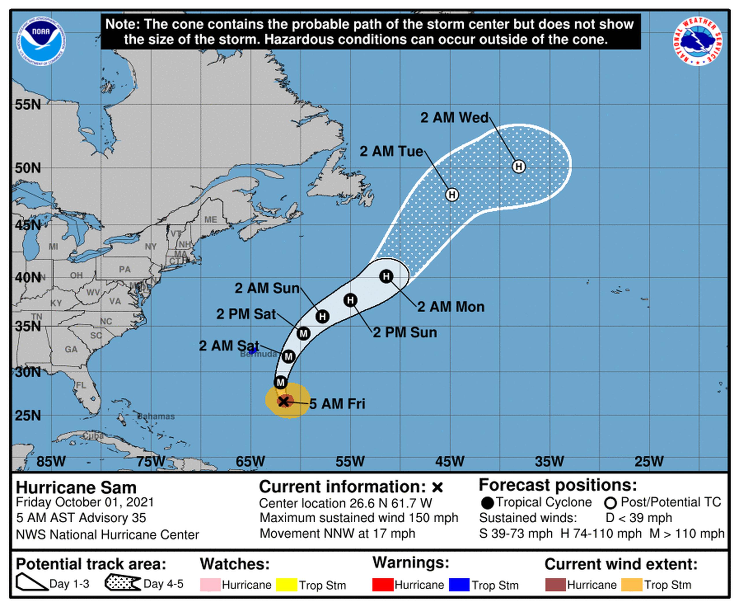 Pronóstico del huracán Sam emitido a las 5:00 de la mañana por el Centro Nacional de Huracanes el 1 de octubre de 2021.
