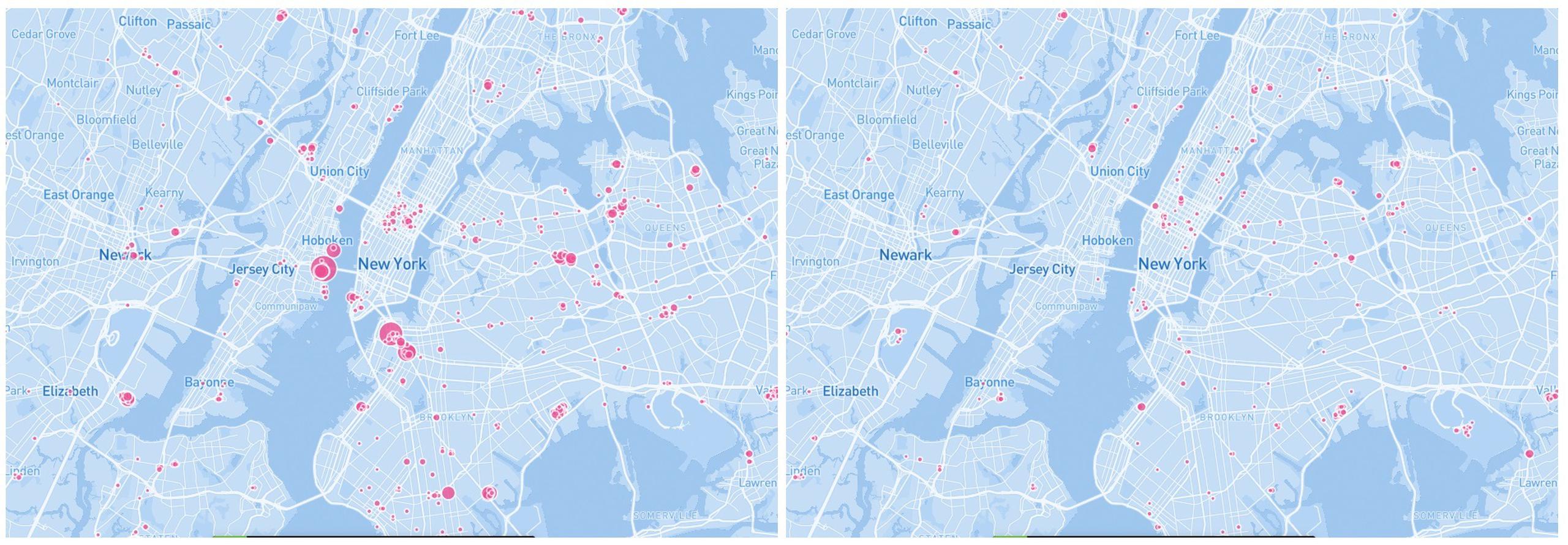 Combo de mapas tomado de Google Maps que muestran los puntos de aglomeraciones con más de 500 personas para la ciudad de Nueva York el 15 de enero de 2020 (i) y el 22 de abril de 2020 (d).
