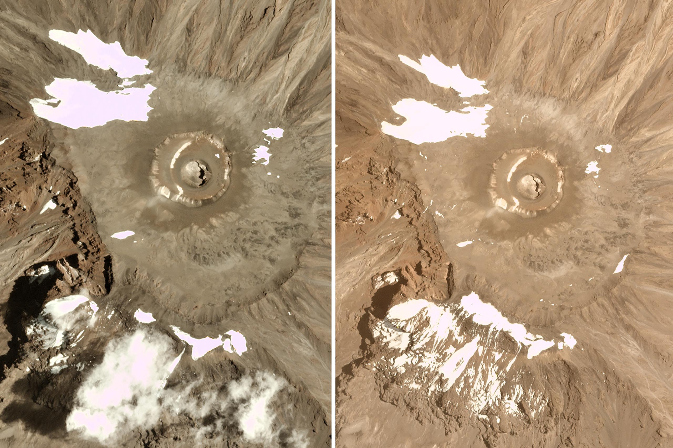 Combinación de fotos suministradas Planet Labs Inc. que muestran el glaciar del Monte Kilimanjaro, en Tanzania, en el 2016 (izq) y el 2021. En la más reciente se percibe el derretimiento del glaciar. (Planet Labs Inc. vía AP)