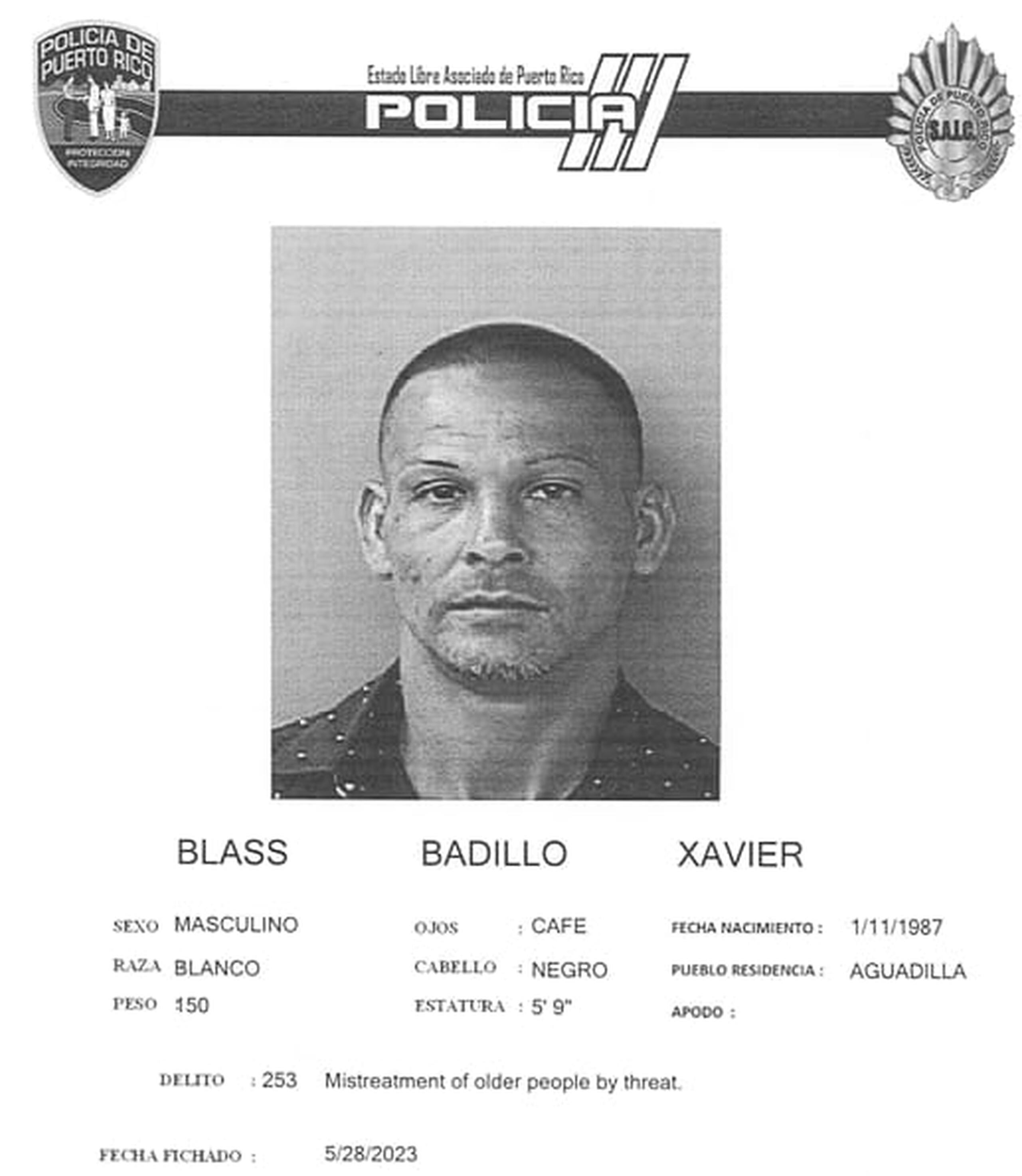 Xavier Blass Badillo enfrenta cargos por maltrato de personas de edad avanzada y amenaza.
