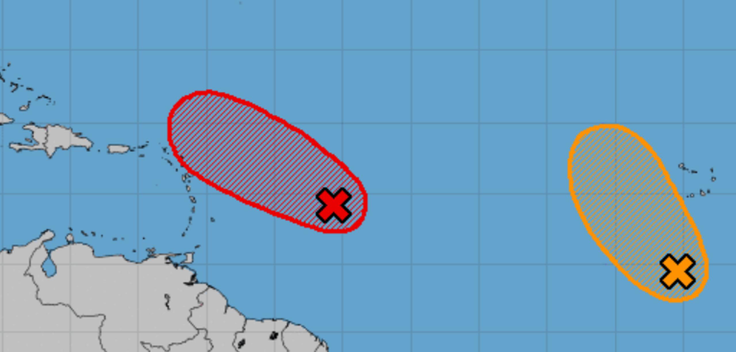 Mapa preparado por el Centro Nacional de Huracanes, el cual establece que la onda ubicada al este sureste de las Antillas Menores tiene un 90% de desarrollo.