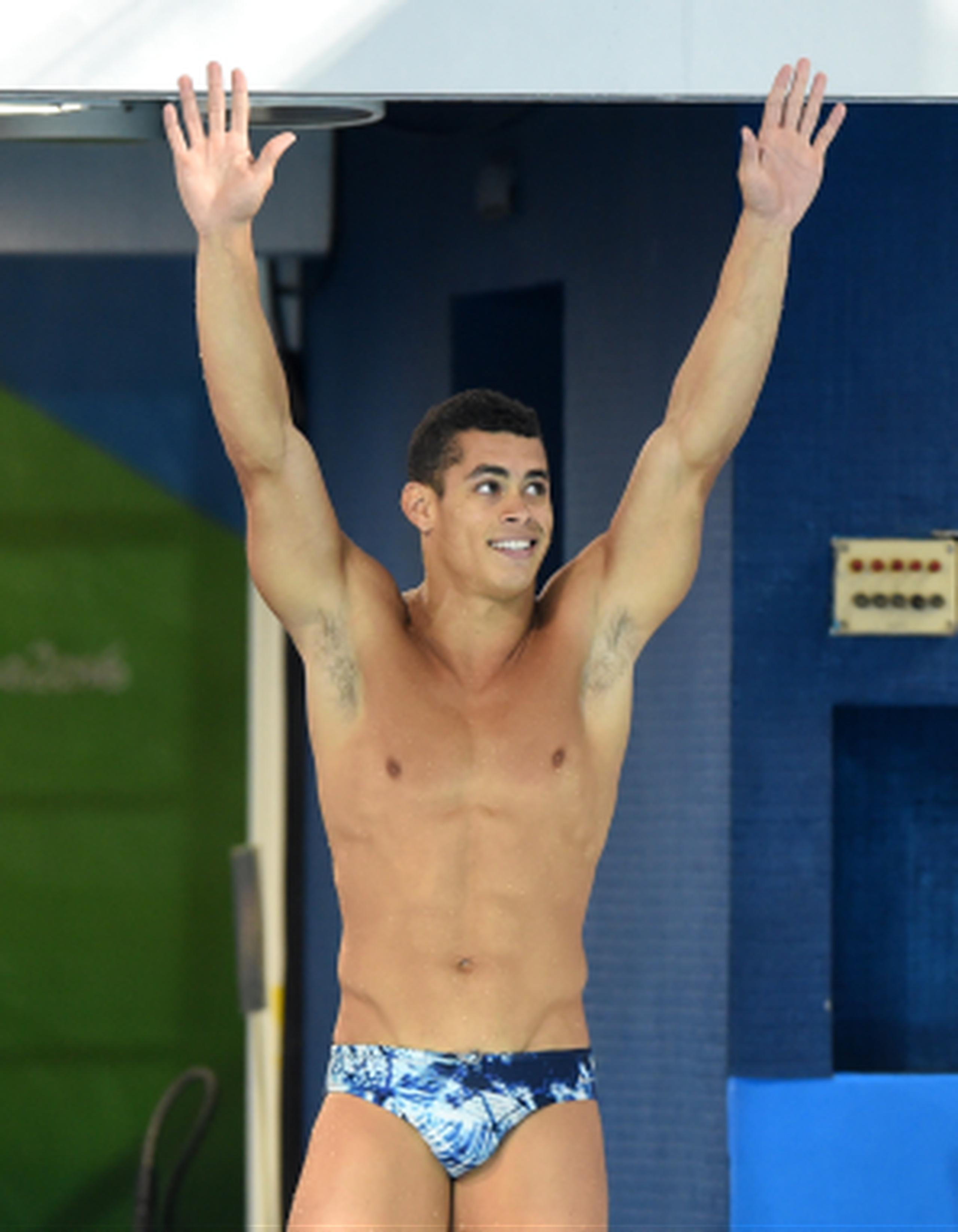 Rafael Quintero celebra tras terminar séptimo en la final olímpica de plataforma. (andre.kang@gfrmadia.com)
