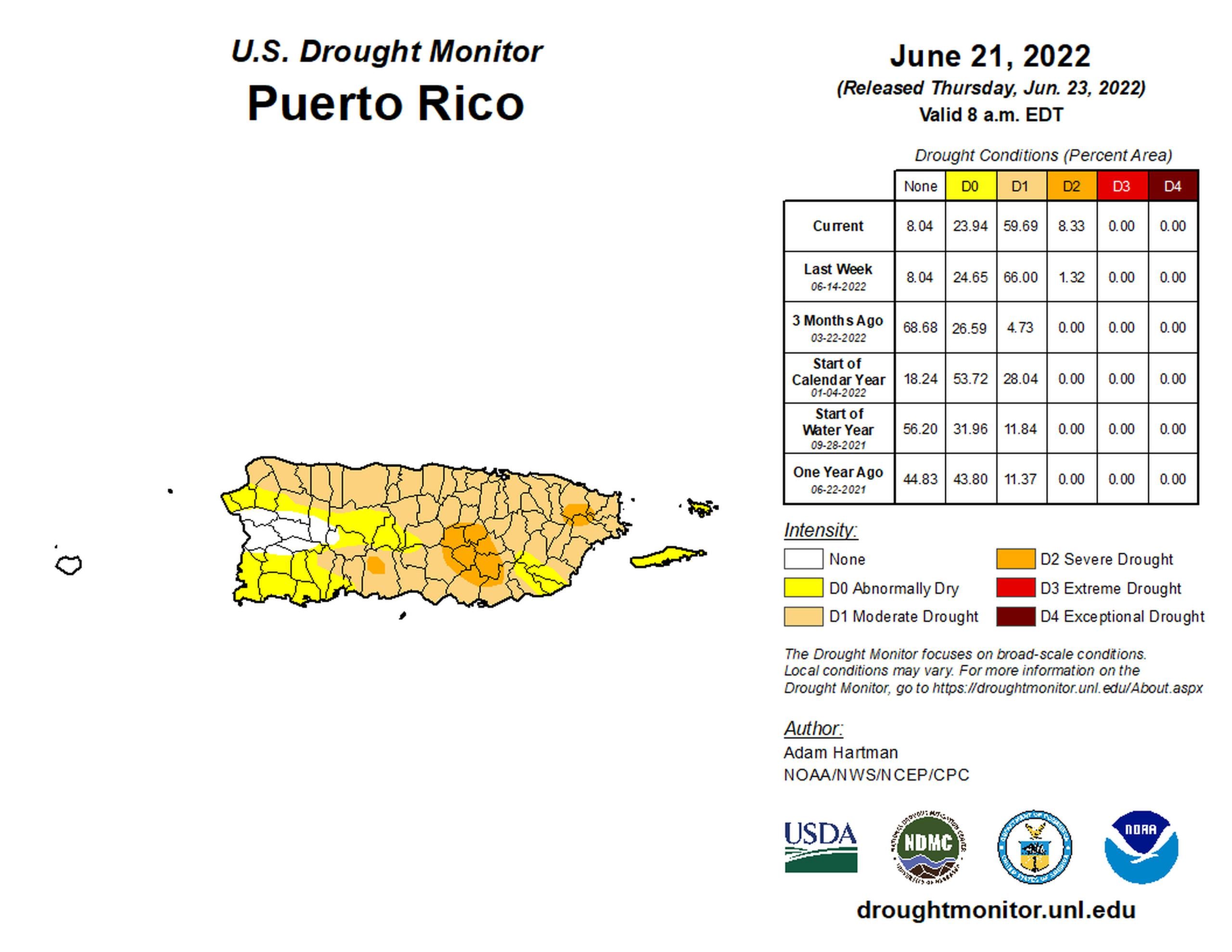 Mapa de la sequía en Puerto Rico publicado el 23 de junio de 2022 con datos del 21 de junio de 2022.