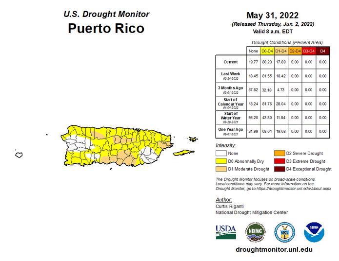 Sequía en Puerto Rico, según los datos del  31 de mayo de 2022, publicados el 2 de junio de 2022.