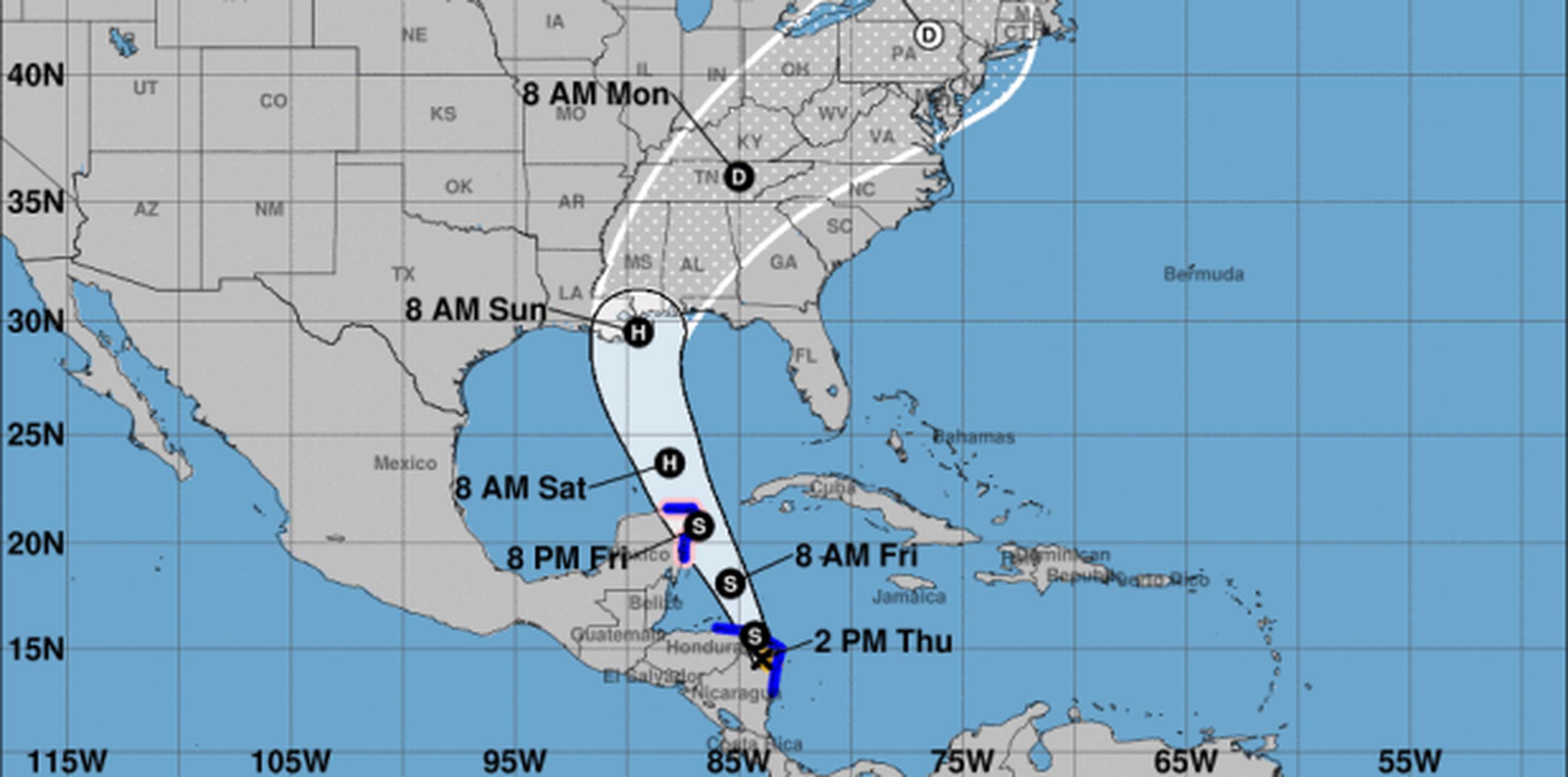 Trayectoria de la tormenta tropical Nate, según el boletín de las 2:00 p.m. del Centro Nacional de Huracanes. (NOAA)