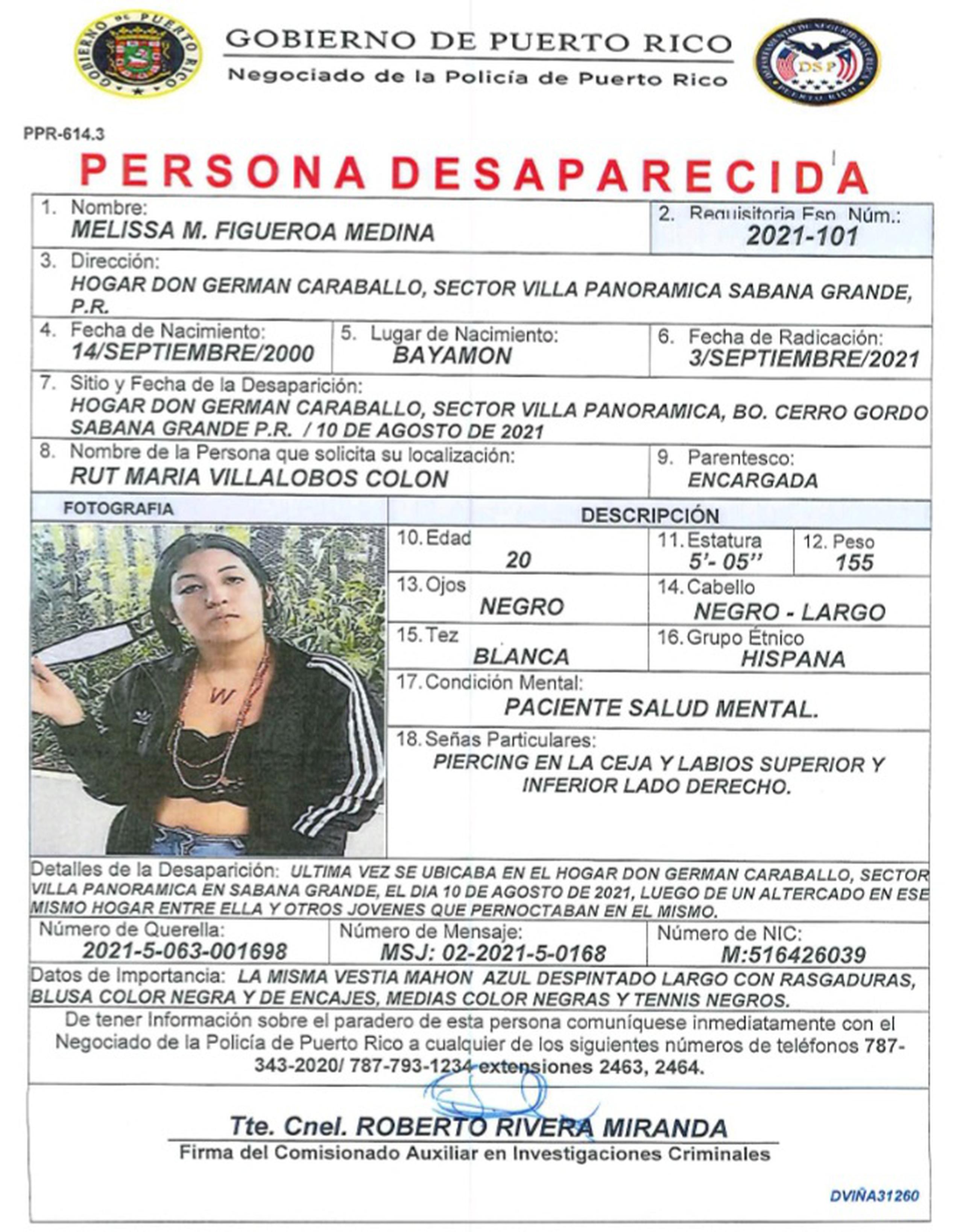 Melissa M. Figueroa Medina de 20 años, está desaparecida desde el 10 de agosto. Si la ha visto llame al (787) 343-2020.