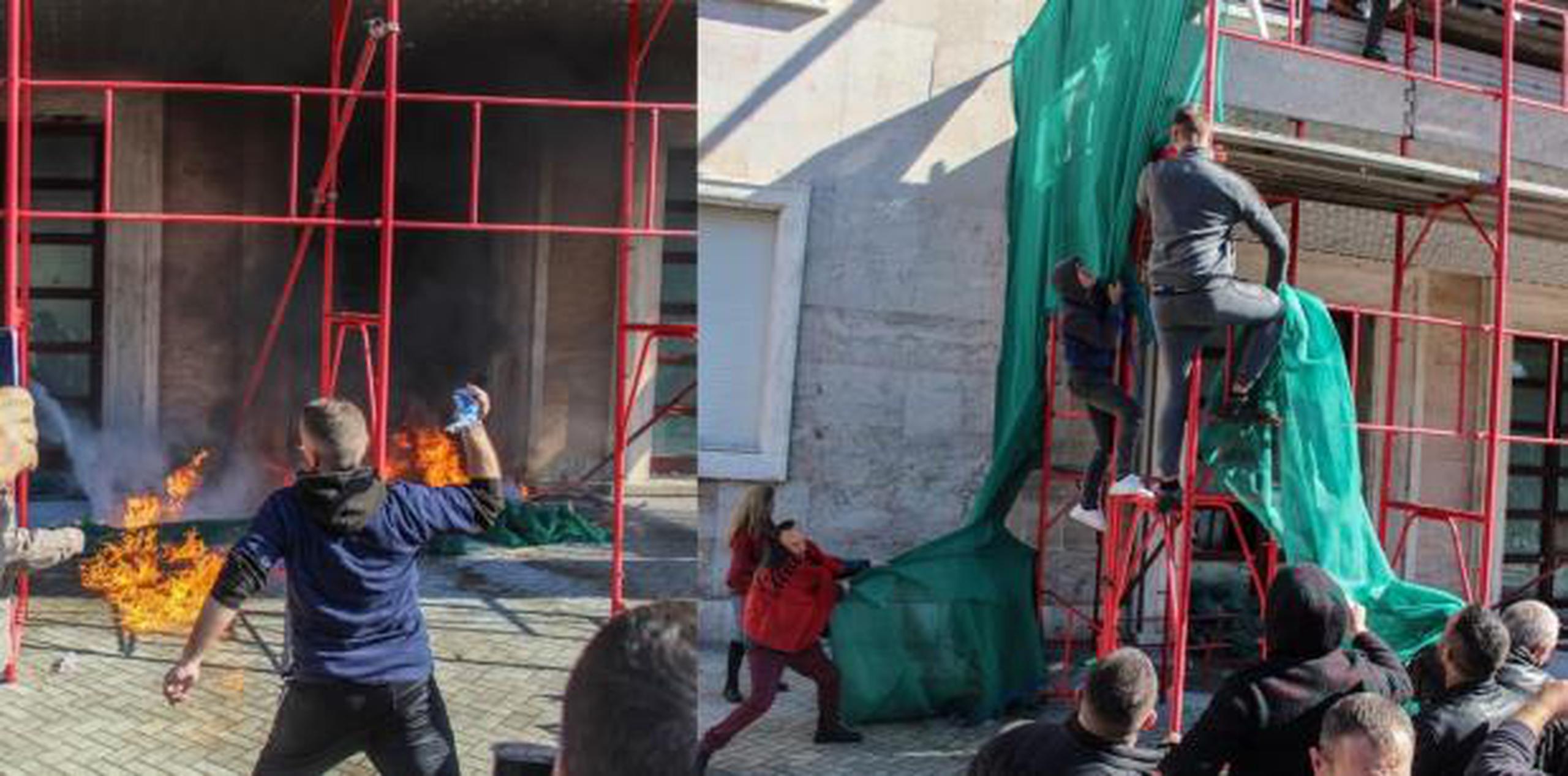 El incidente comenzó cuando algunos manifestantes lanzaron cócteles molotov y piedras contra la entrada del edificio y rompieron el cordón policial. (EFE)
