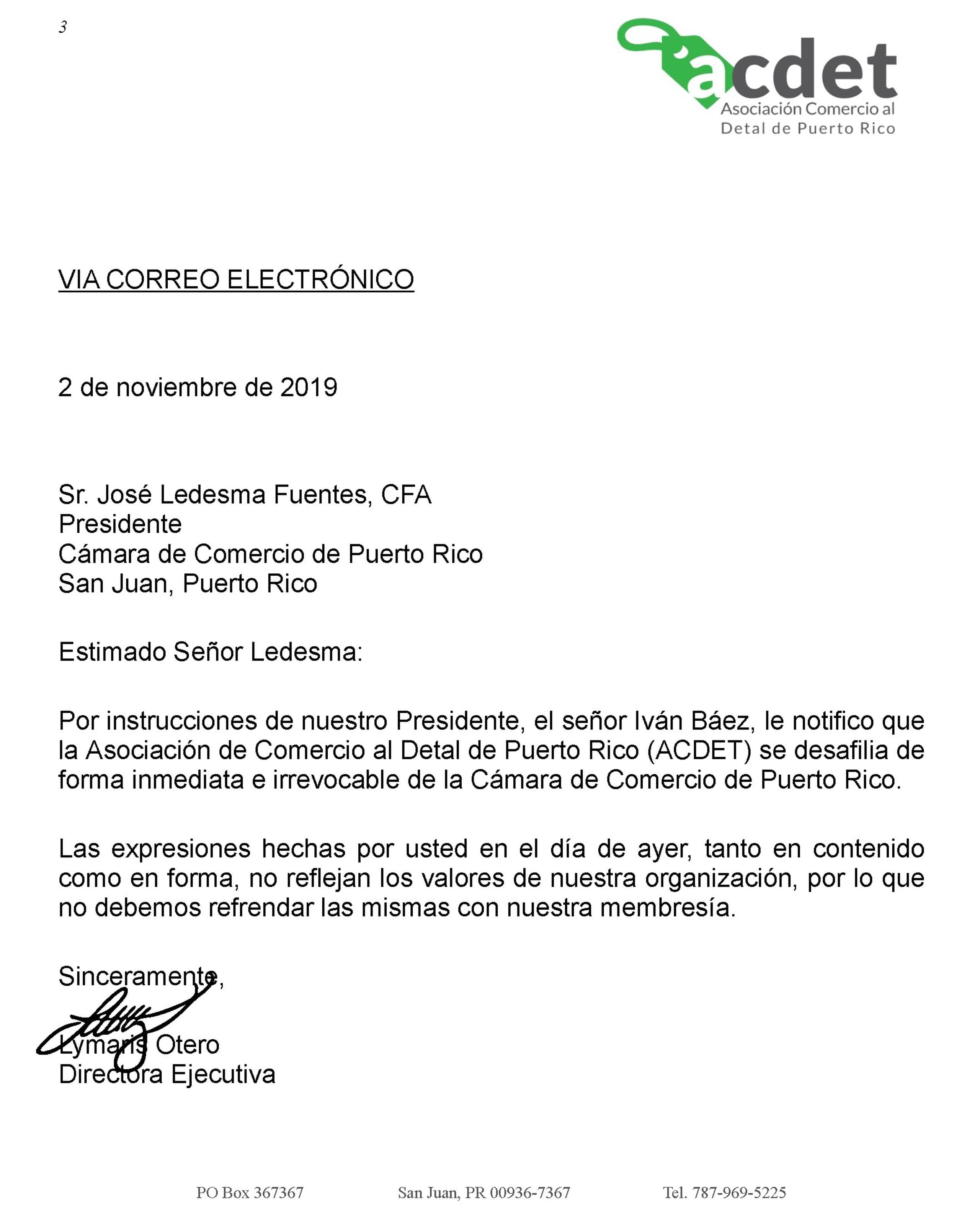 Carta de la Asociación de Comercio Al Detal enviada a la Cámara de Comercio de Puerto Rico. (Suministrada)