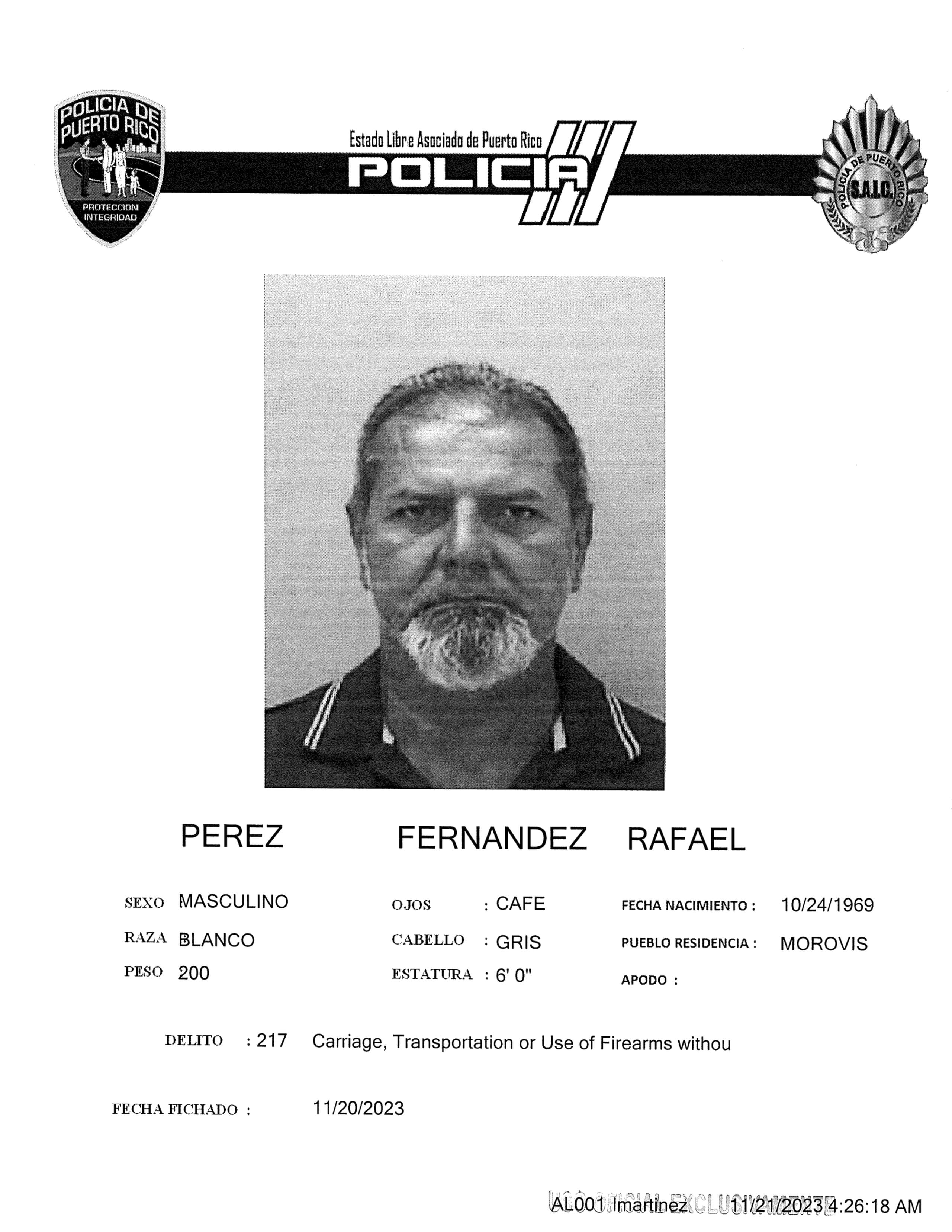 Ficha policial de Rafael Pérez Fernández.