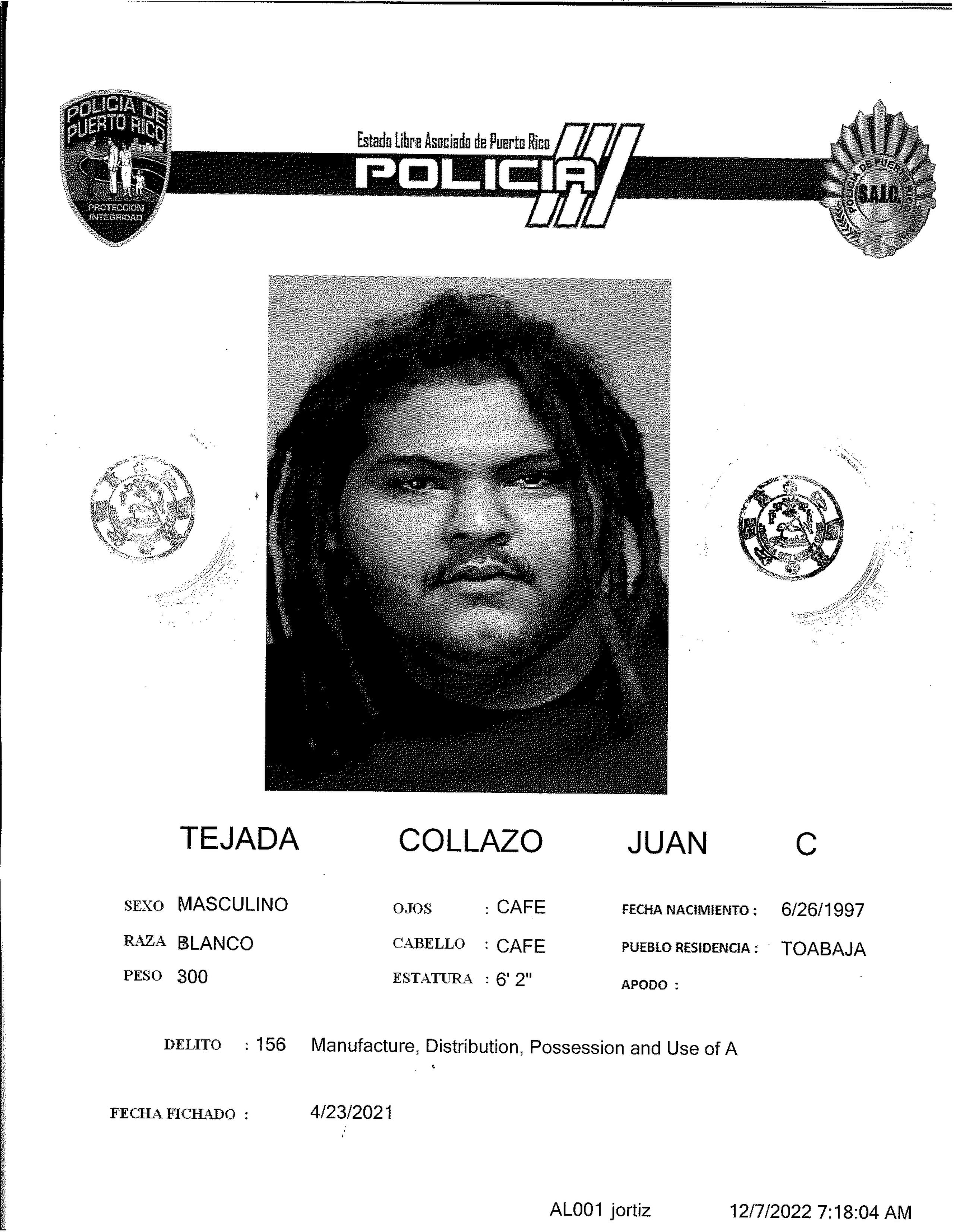 Ficha policial de Juan Carlos Tejada Collazo, quien fue asesinado el 7 de diciembre de 2022.