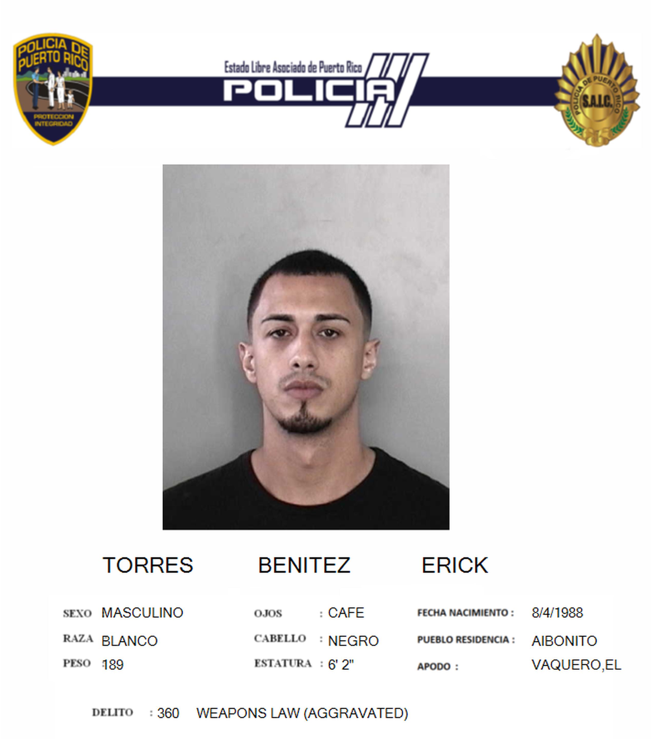 Erick Torres Benítez alias Vaquero, tiene expediente criminal por violación a la Ley de Armas, se desconoce la disposición del caso en el tribunal.