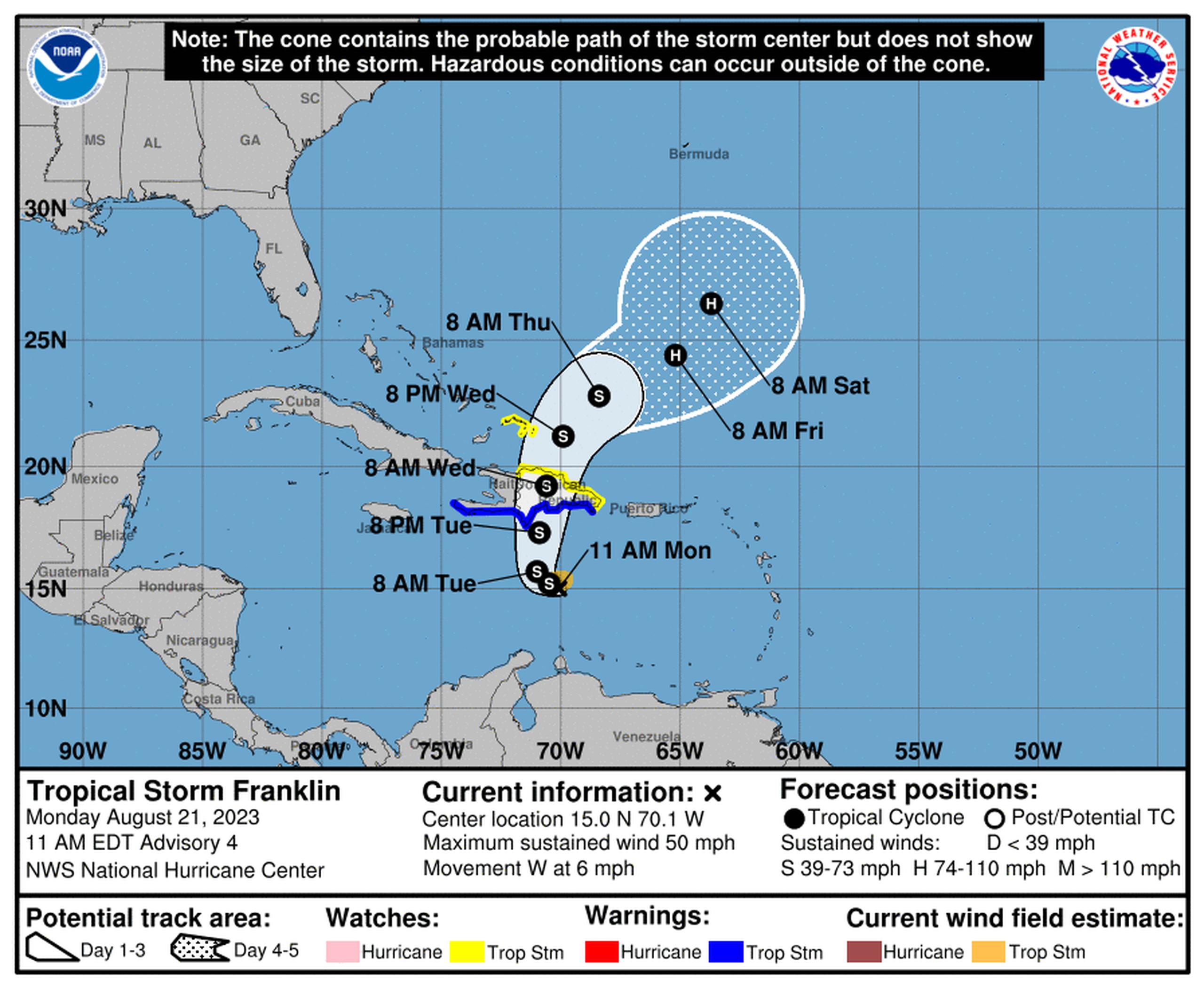 Pronóstico de la tormenta tropical Franklin emitido a las 11:00 de la mañana del 21 de agosto de 2023.