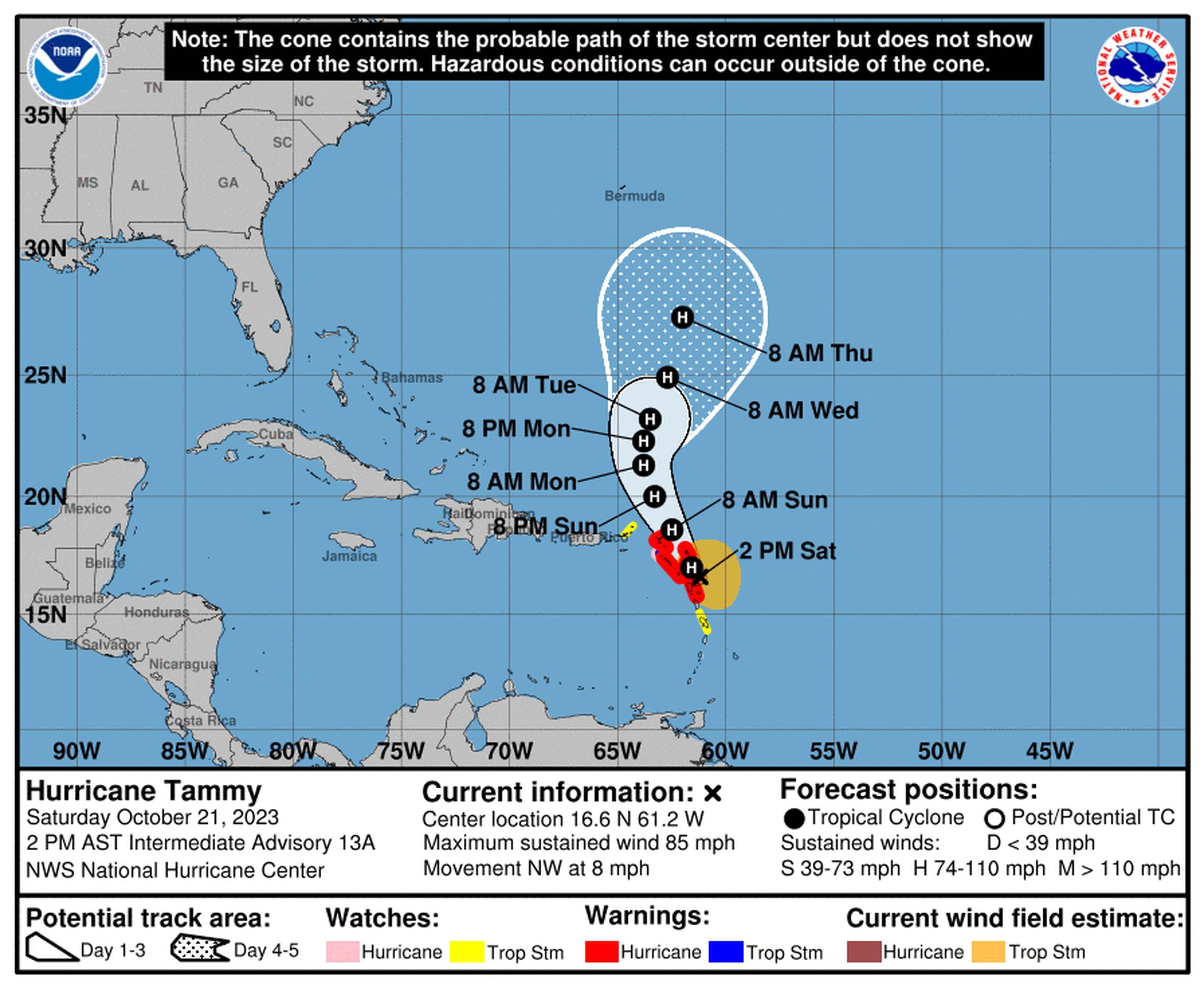 Trayectoria proyectada del huracán Tammy para las 2:00 p.m. del sábado, 21 de octubre de 2023.