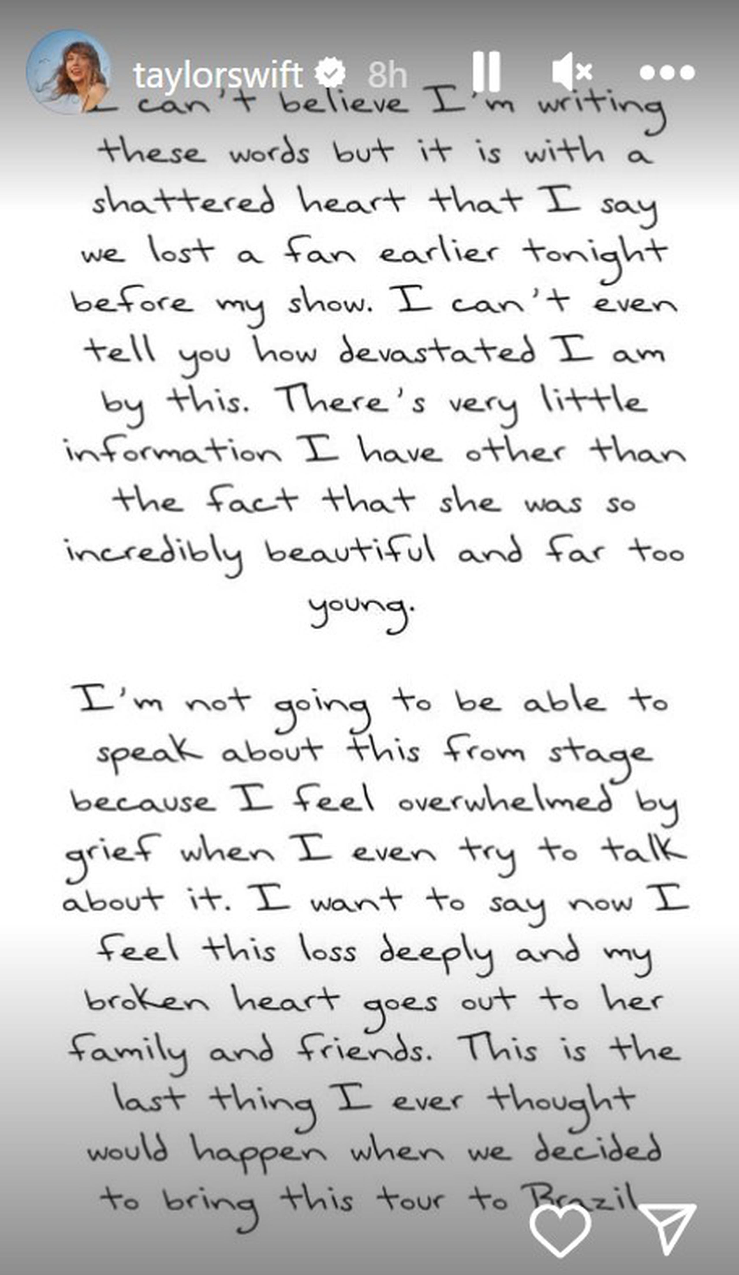 La cantante expresó sus condolencias en uno de sus stories de Instagram.