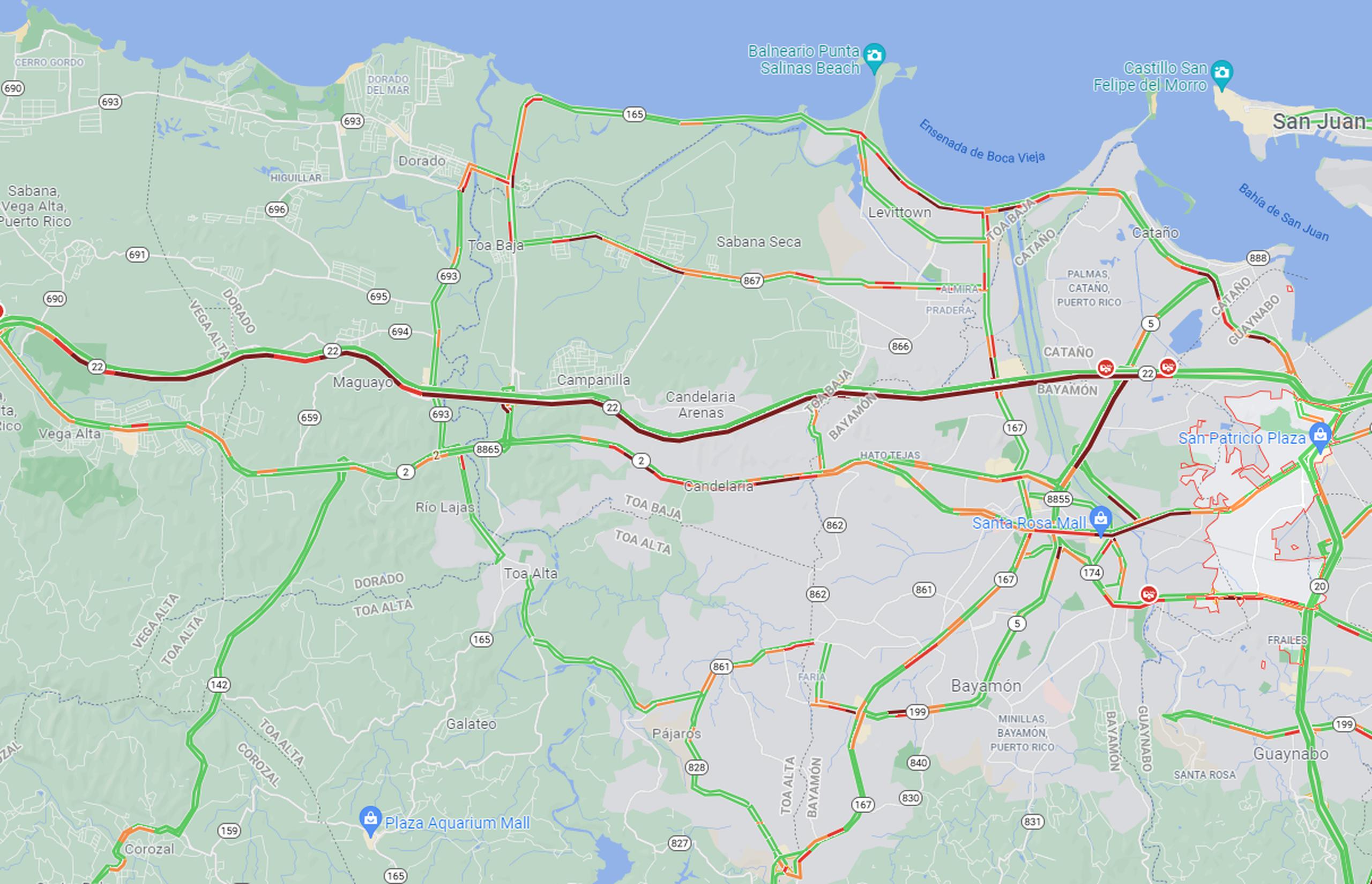 La línea roja representa la gran congestión vehicular en el expreso PR-22 por los accidentes de tránsito.