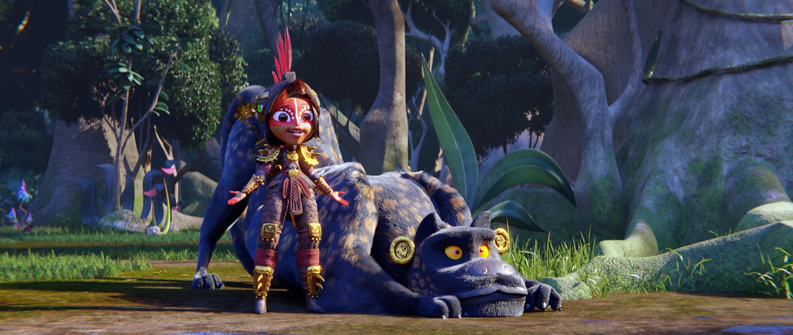 Fotograma cedido por Netflix donde aparece la princesa Maya, a quien presta su voz la actriz Zoe Saldaña, durante una escena de la serie de animación "Maya and the Three". EFE/Netflix
