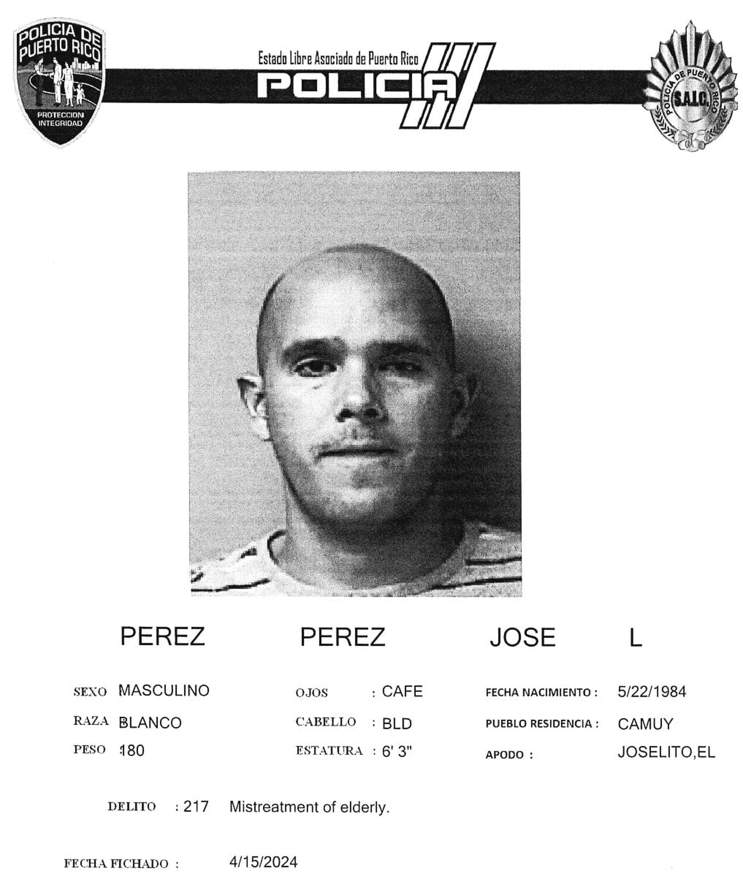 José L. Pérez Pérez enfrenta cargos por maltrato contra su padre de 66 años.