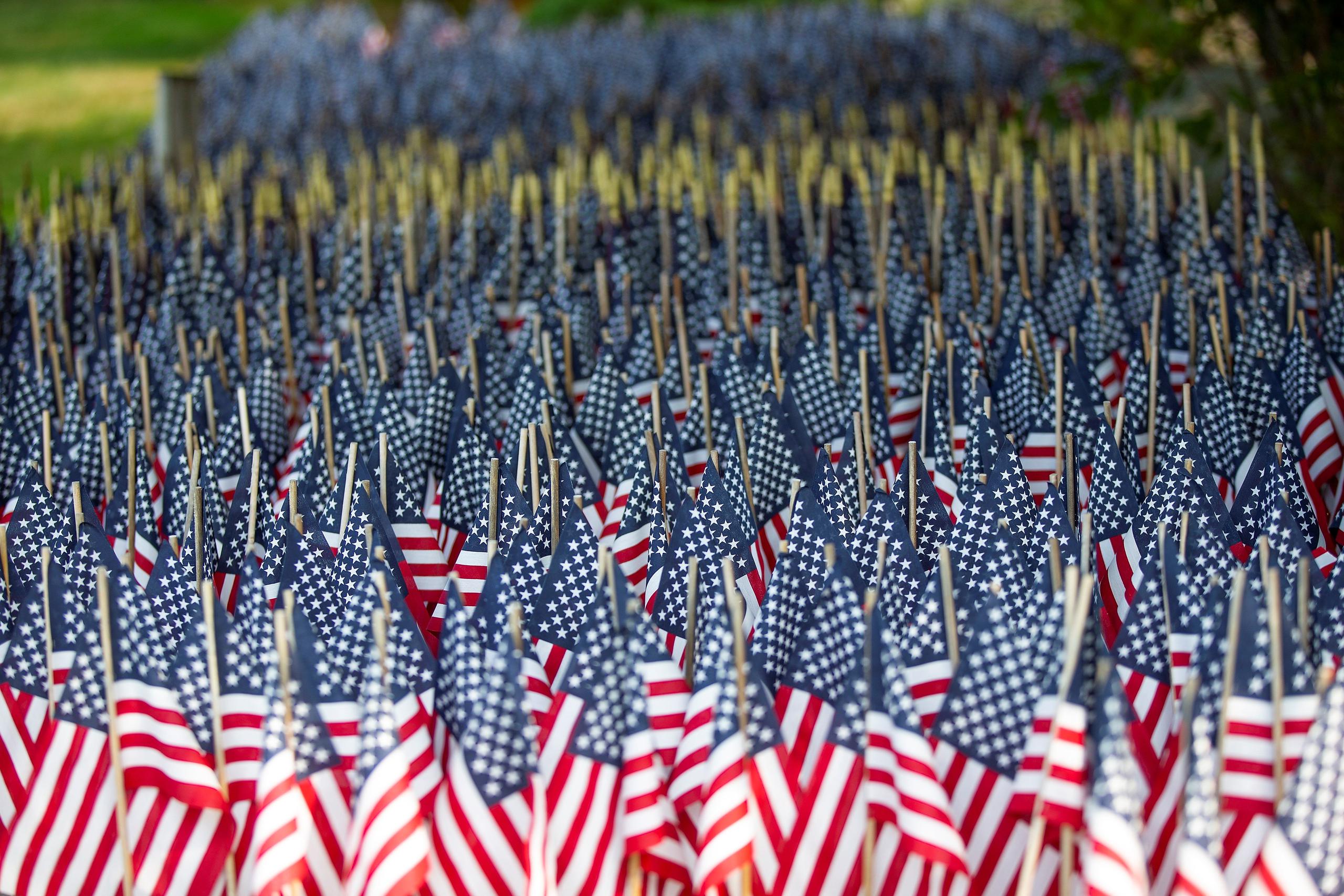 Más de 8,000 banderas, situadas en el patio de Mike Labbe en Grafton, rinden homenaje a las muertes de COVID-19 en Massachusetts.