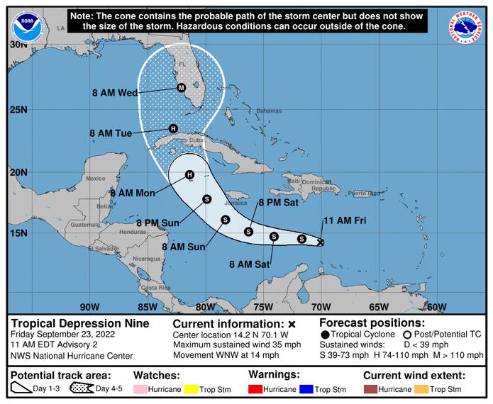 Pronóstico de la trayectoria oficial de la depresión tropical 9, emitido a las 11:00 a.m. del 23 de septiembre de 2022.