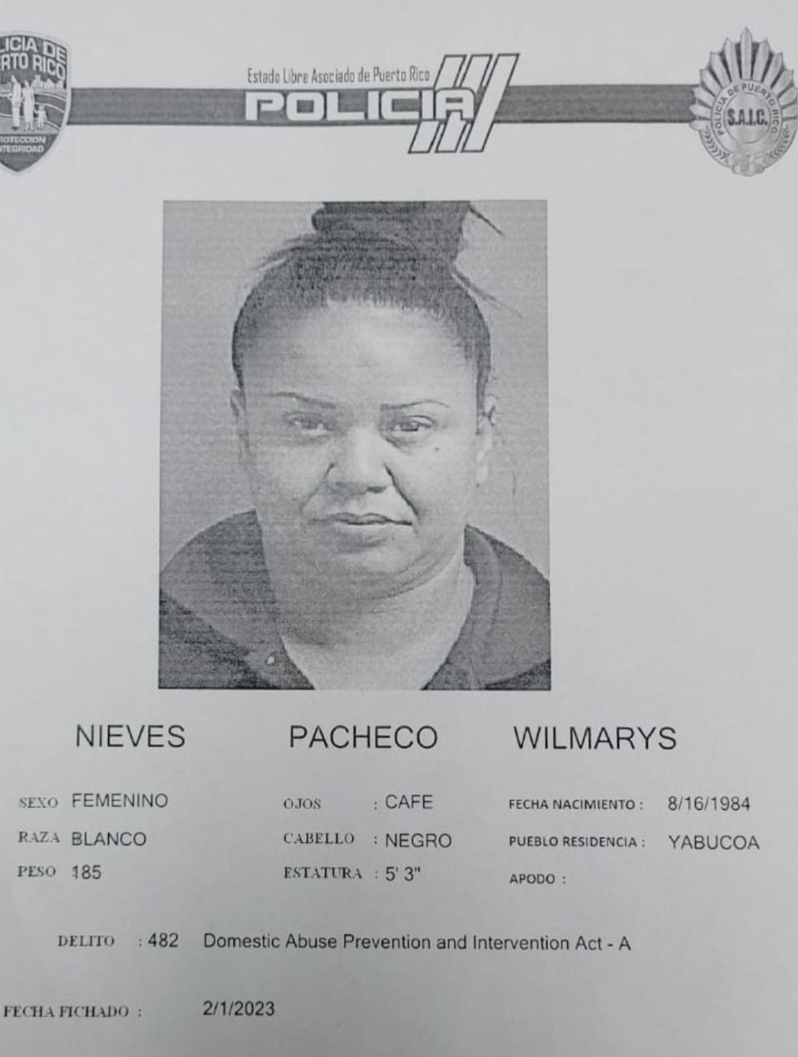 Wilmarys Nieves Pacheco fue acusada por un cargo de maltrato bajo la Ley 54 para la Prevención e Intervención con la Violencia Doméstica.