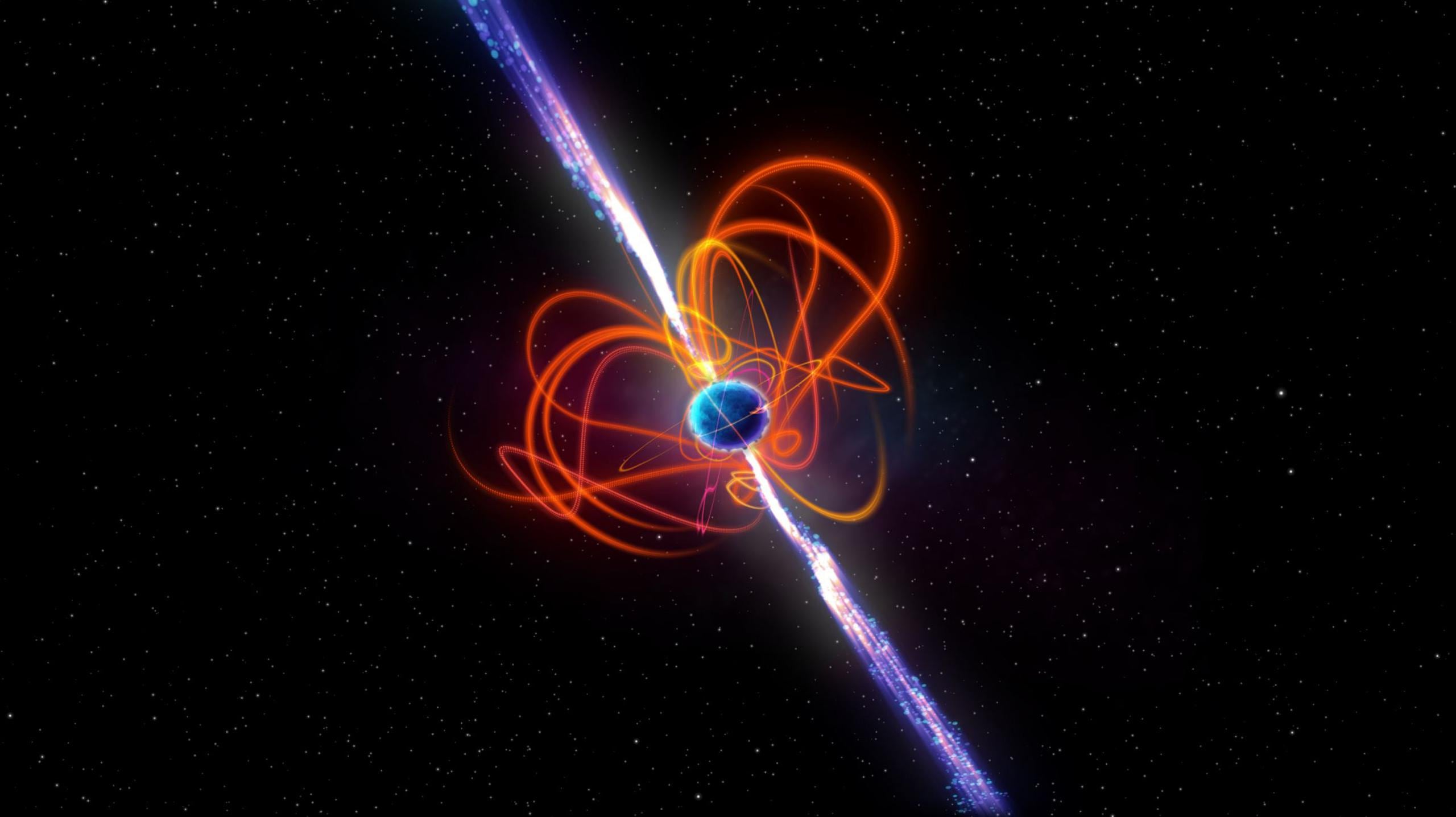 Impresión artística del magnetar de periodo ultralargo. Los astrónomos descubrieron el objeto utilizando el Murchison Widefield Array (MWA), un radiotelescopio situado en Wajarri Yamaji Country, en el interior de Australia Occidental. Crédito: ICRAR
