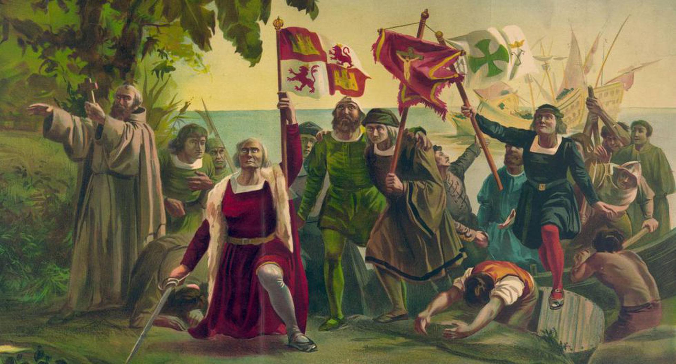 Representación de la llegada de Cristóbal Colón a América en su primer viaje. (Pintura de Díscolo Puebla, 1862)