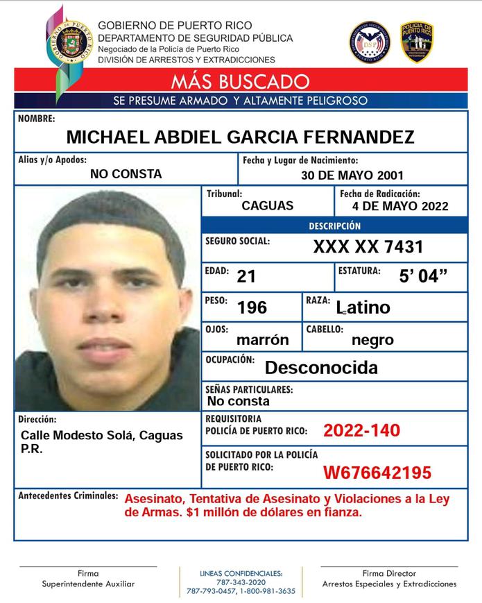 Michael Abdiel García Fernández y su hermano fueron acusados en ausencia por cargos de asesinato en primer grado, tentativa de asesinato y violación a la Ley de Armas.